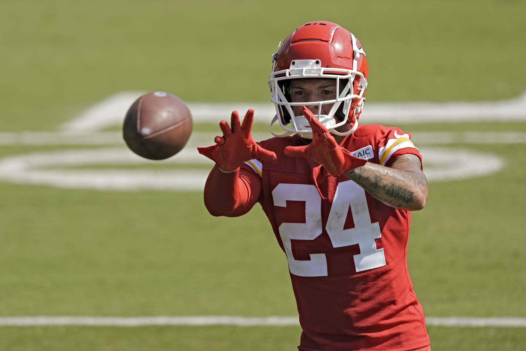 Kansas City Chiefs wide receiver Skyy Moore catches a ball during NFL football training camp Sunday, July 23, 2023, in St. Joseph, Mo. (AP Photo/Charlie Riedel)