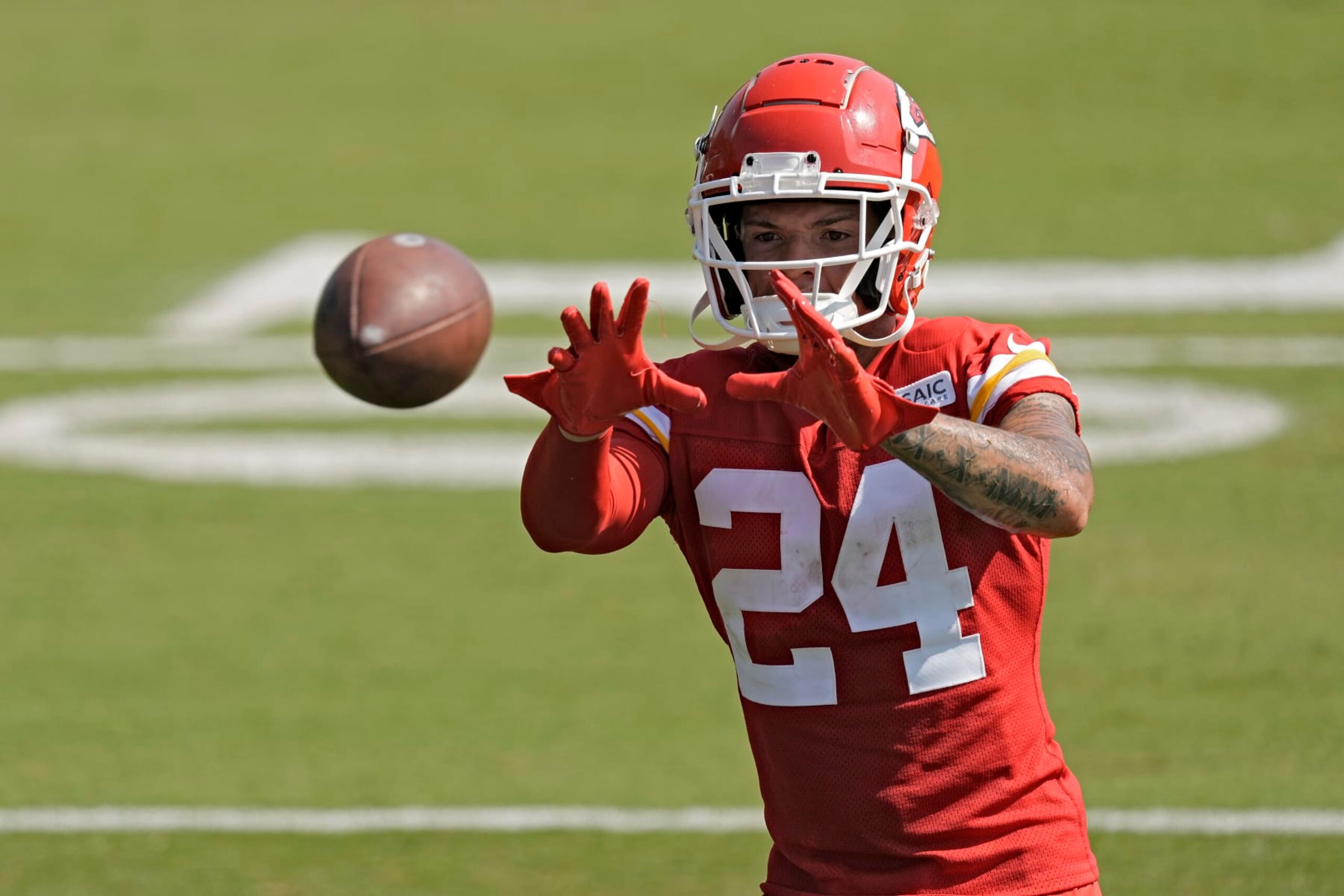 Kansas City Chiefs wide receiver Skyy Moore catches a ball during NFL football training camp Sunday, July 23, 2023, in St. Joseph, Mo. (AP Photo/Charlie Riedel)
