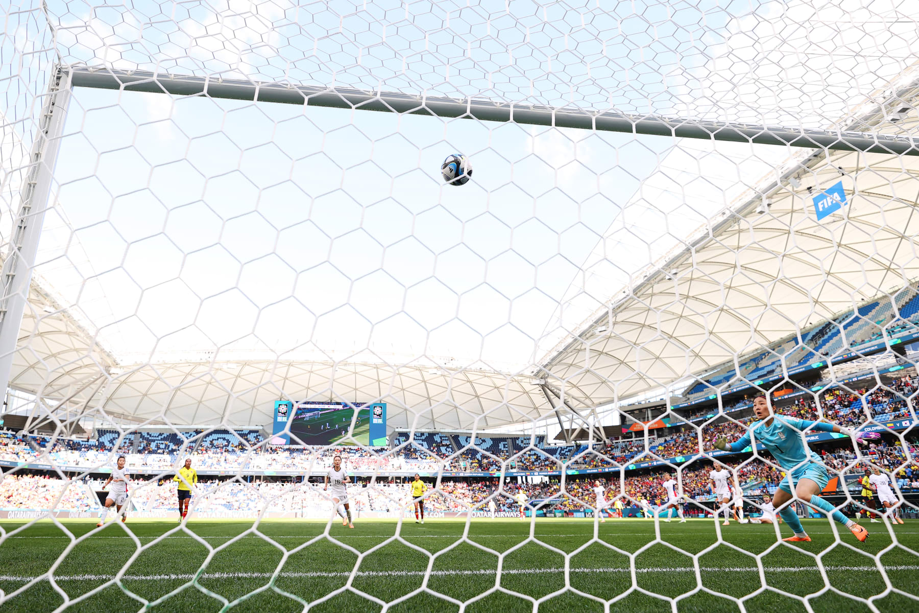 SYDNEY, AUSTRALIA - JULY 25: (EDITORS NOTE: In this photo taken from a remote camera from behind the goal.) Yoon Younggeul of Korea Republic watches the ball crossing the goal line as Linda Caicedo (not pictured) of Colombia scores her team's second goal  during the FIFA Women's World Cup Australia & New Zealand 2023 Group H match between Colombia and Korea Republic at Sydney Football Stadium on July 25, 2023 in Sydney, Australia. (Photo by Cameron Spencer/Getty Images)