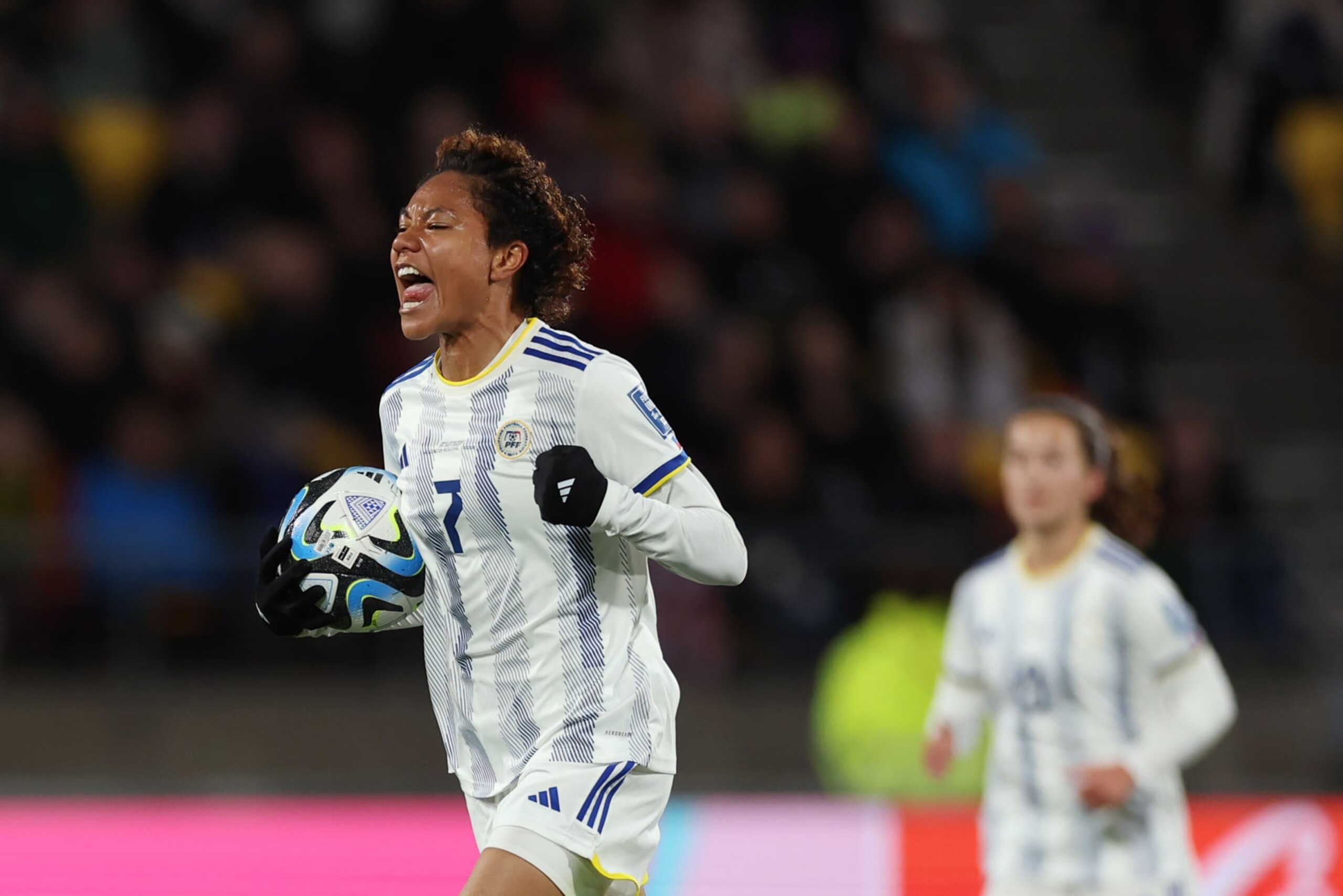 WELLINGTON, NEW ZEALAND - JULY 25: Sarina Bolden of Philippines celebrates after New Zealand's fist goal is nullified due to offside during the FIFA Women's World Cup Australia & New Zealand 2023 Group A match between New Zealand and Philippines at Wellington Regional Stadium on July 25, 2023 in Wellington / Te Whanganui-a-Tara, New Zealand. (Photo by Katelyn Mulcahy - FIFA/FIFA via Getty Images)