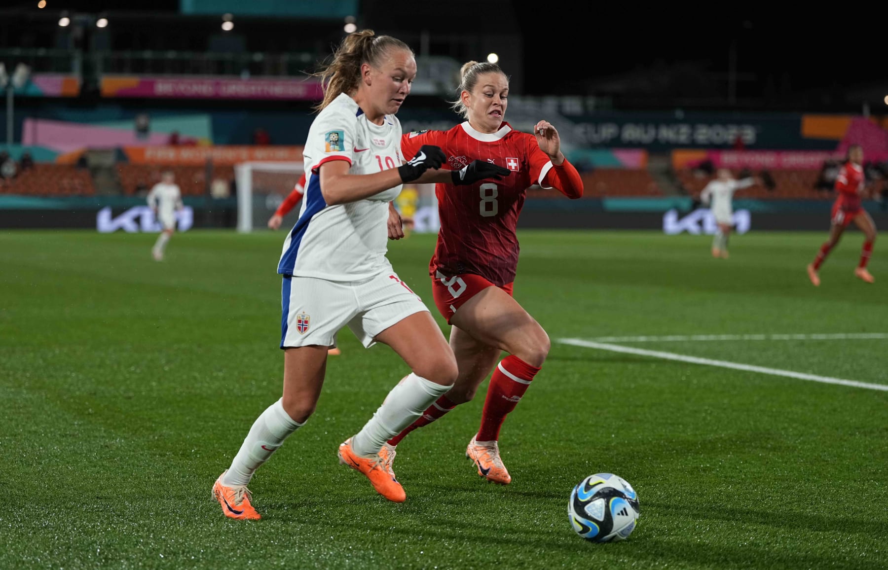 HAMILTON, NEW ZEELAND - JULY 25: Nadine Riesen of Switzerland and Frida Maanum of Norway battle for the ball during the FIFA Women's World Cup Australia & New Zealand 2023 Group A match between Switzerland and Norway at Waikato Stadium on July 25, 2023 in Hamilton, New Zealand. (Photo by Ulrik Pedersen/DeFodi Images via Getty Images)