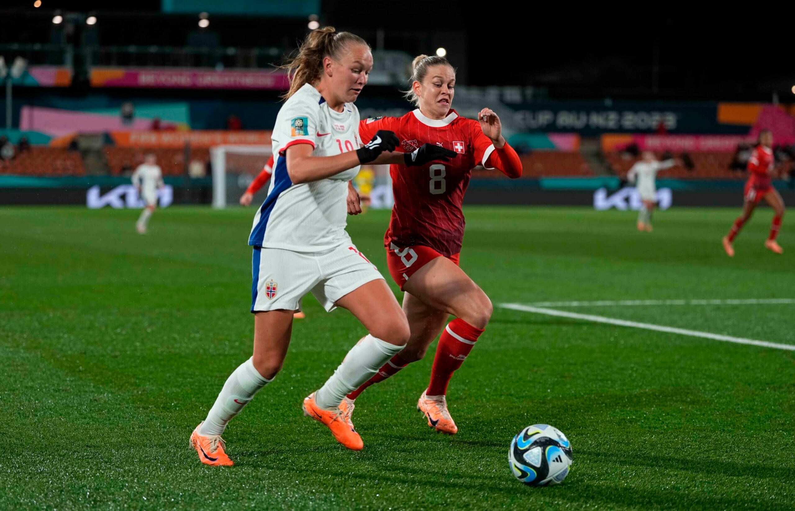 HAMILTON, NEW ZEELAND - JULY 25: Nadine Riesen of Switzerland and Frida Maanum of Norway battle for the ball during the FIFA Women's World Cup Australia & New Zealand 2023 Group A match between Switzerland and Norway at Waikato Stadium on July 25, 2023 in Hamilton, New Zealand. (Photo by Ulrik Pedersen/DeFodi Images via Getty Images)