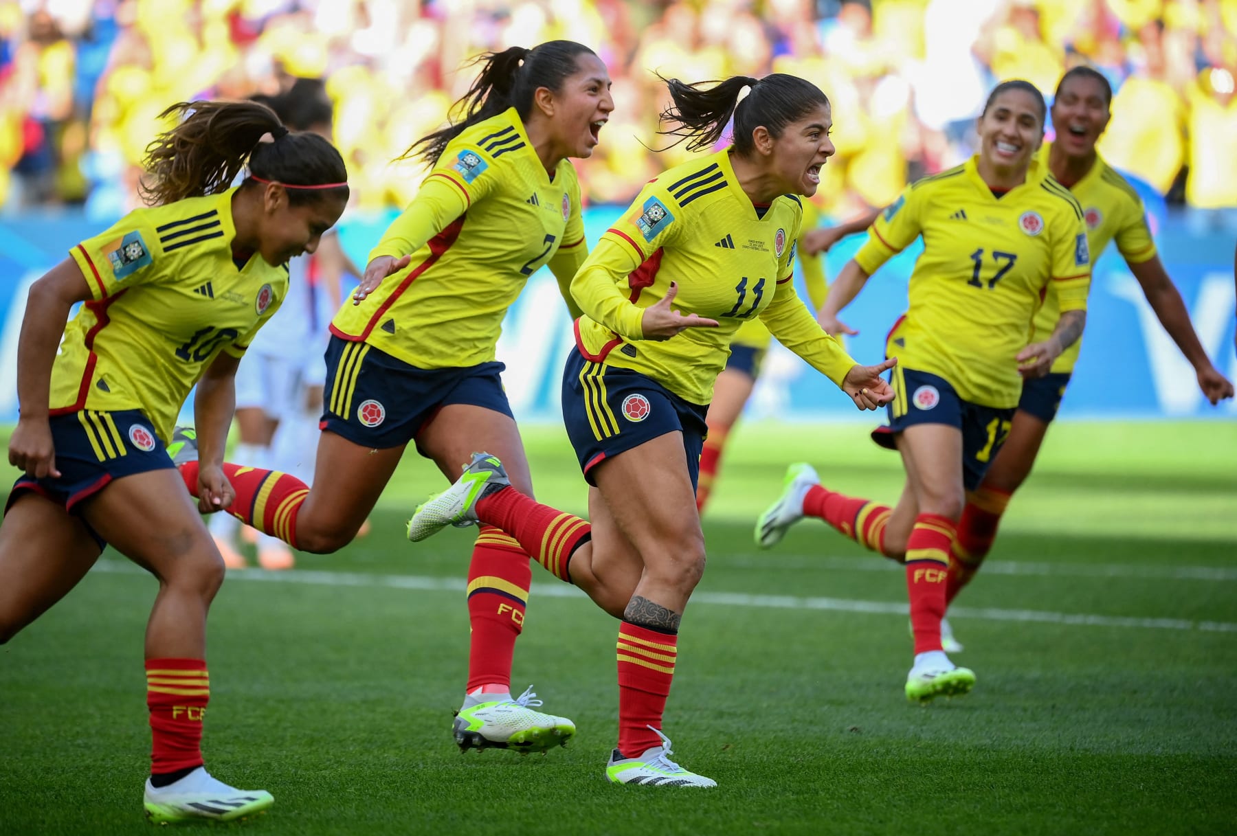 TOPSHOT - Colombia's forward Catalina Usme (C) celebrates after scoring her team's first goal from the penalty spot during the Australia and New Zealand 2023 Women's World Cup Group H football match between Colombia and South Korea at Sydney Football Stadium in Sydney on July 25, 2023. (Photo by FRANCK FIFE / AFP) (Photo by FRANCK FIFE/AFP via Getty Images)