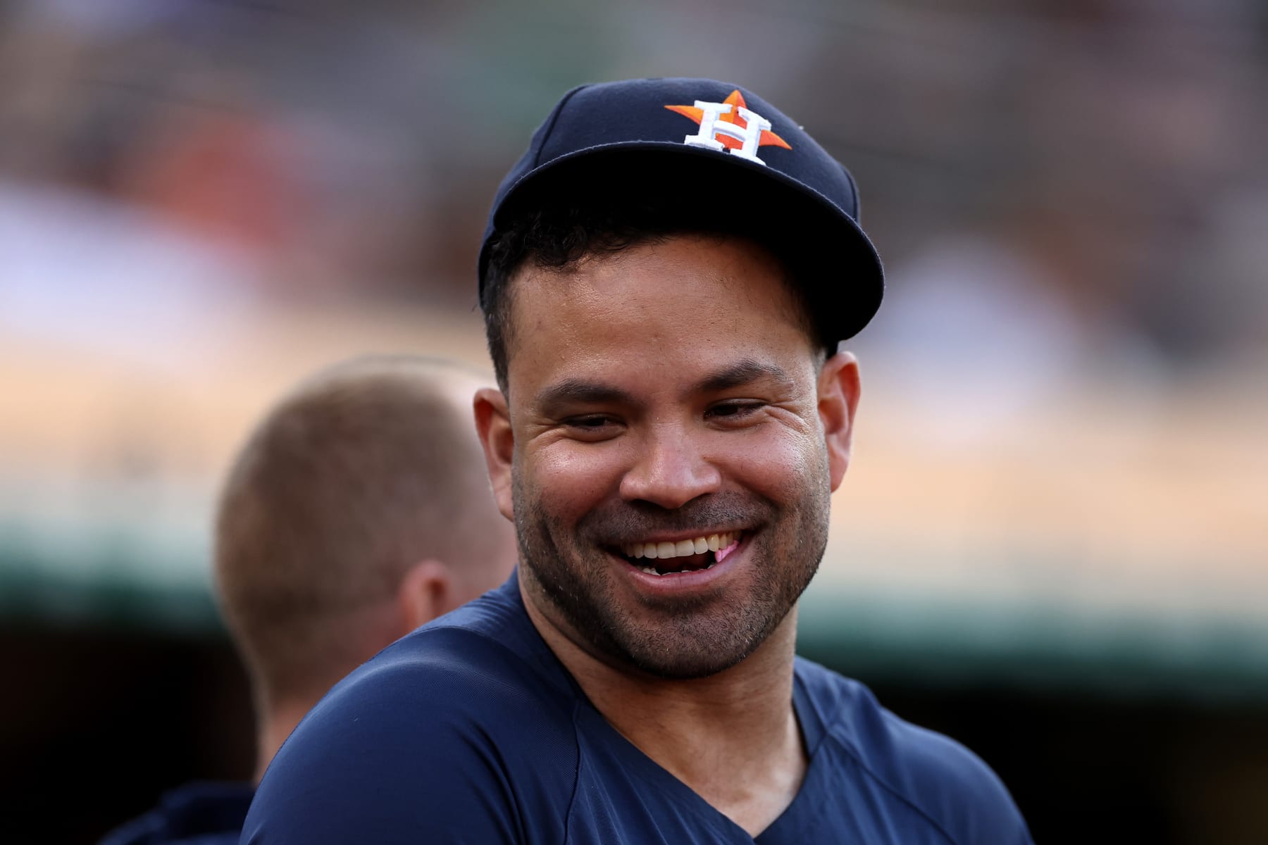 OAKLAND, CALIFORNIA - JULY 20: Jose Altuve of the Houston Astros stands in the dugout during their game against the Oakland Athletics at RingCentral Coliseum on July 20, 2023 in Oakland, California. (Photo by Ezra Shaw/Getty Images)