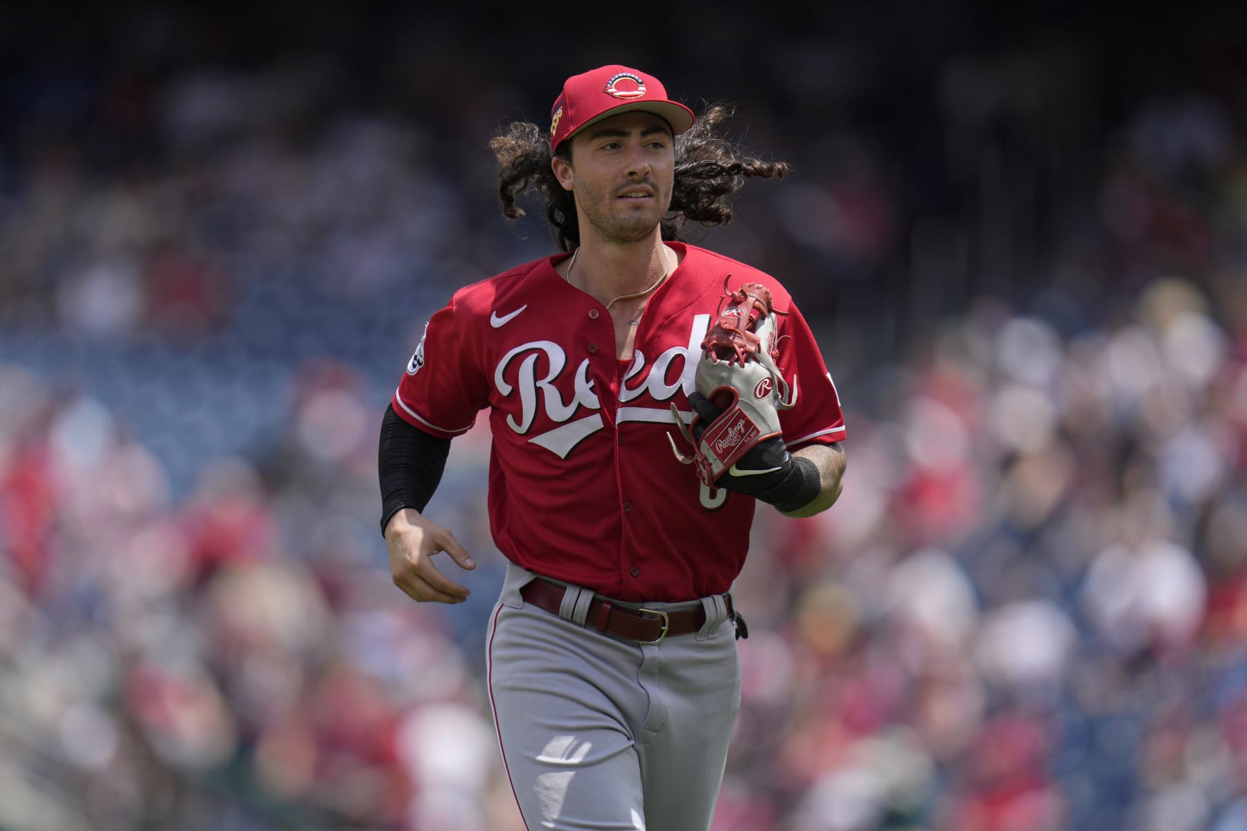WASHINGTON, DC - JULY 04: Jonathan India #6 of the Cincinnati Reds jogs to the dugout after the seventh inning against the Washington Nationals at Nationals Park on July 04, 2023 in Washington, DC. (Photo by Jess Rapfogel/Getty Images)
