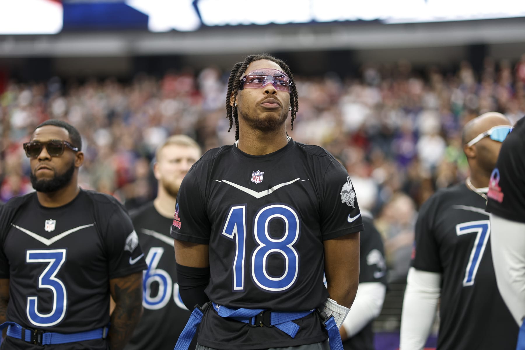 LAS VEGAS, NEVADA - FEBRUARY 05: LAS VEGAS, NEVADA - FEBRUARY 05: NFC wide receiver Justin Jefferson #18 of the Minnesota Vikings looks on during an NFL Pro Bowl football game at Allegiant Stadium on February 05, 2023 in Las Vegas, Nevada. (Photo by Michael Owens/Getty Images)