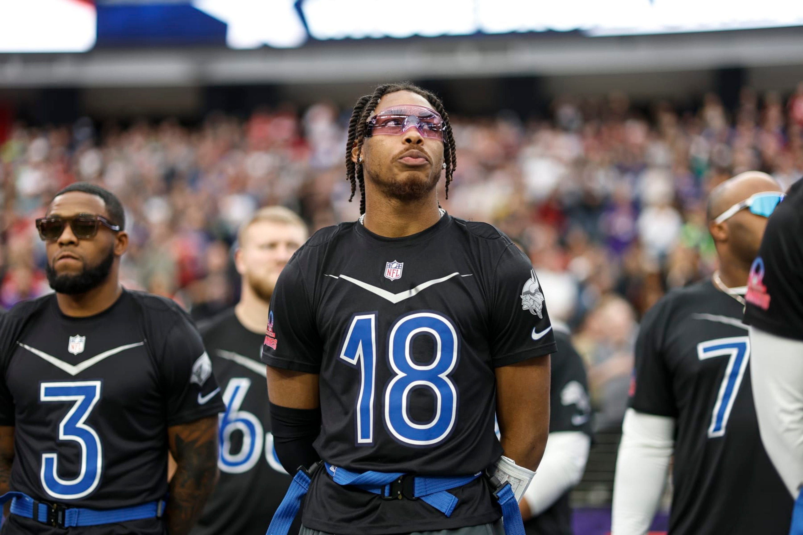 LAS VEGAS, NEVADA - FEBRUARY 05: LAS VEGAS, NEVADA - FEBRUARY 05: NFC wide receiver Justin Jefferson #18 of the Minnesota Vikings looks on during an NFL Pro Bowl football game at Allegiant Stadium on February 05, 2023 in Las Vegas, Nevada. (Photo by Michael Owens/Getty Images)