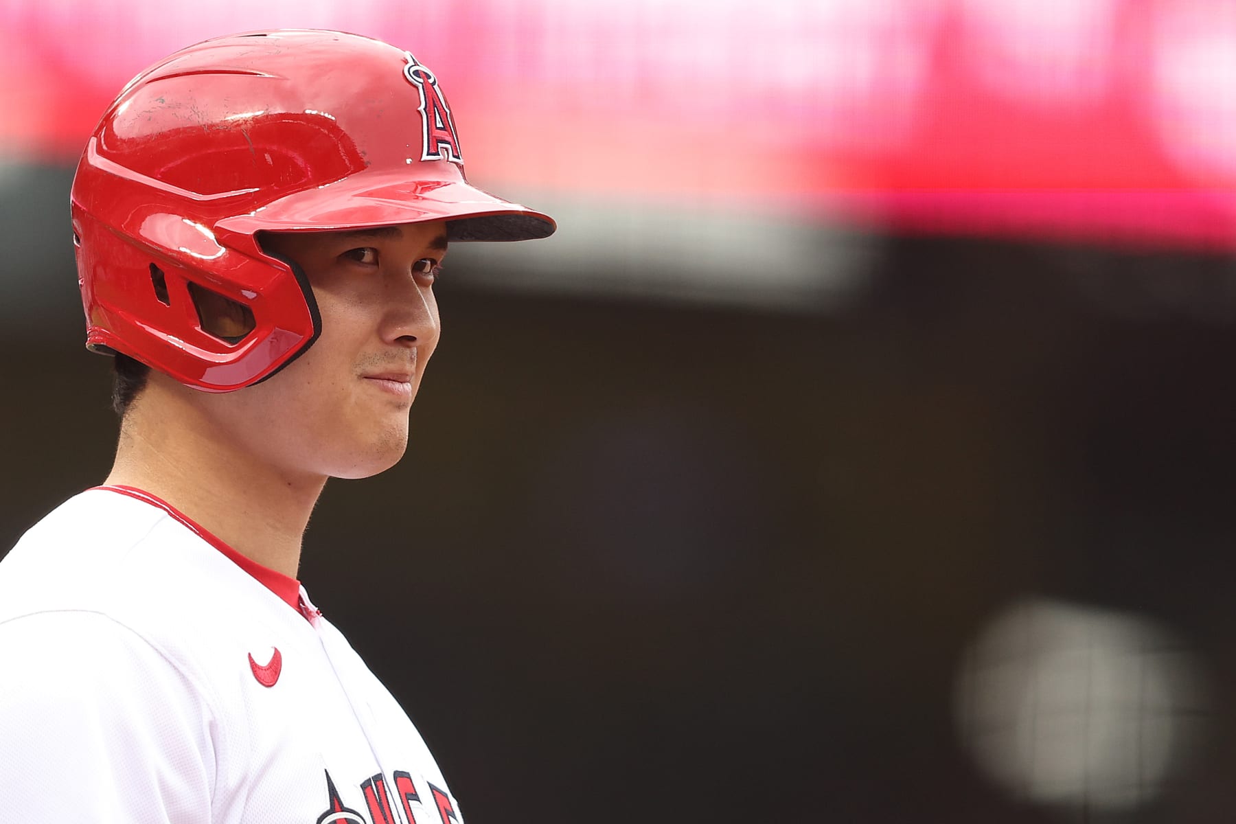 ANAHEIM, CALIFORNIA - JULY 23: Shohei Ohtani #17 of the Los Angeles Angels reacts while on first base during the fifth inning of a game against the Pittsburgh Pirates at Angel Stadium of Anaheim on July 23, 2023 in Anaheim, California. (Photo by Michael Owens/Getty Images)