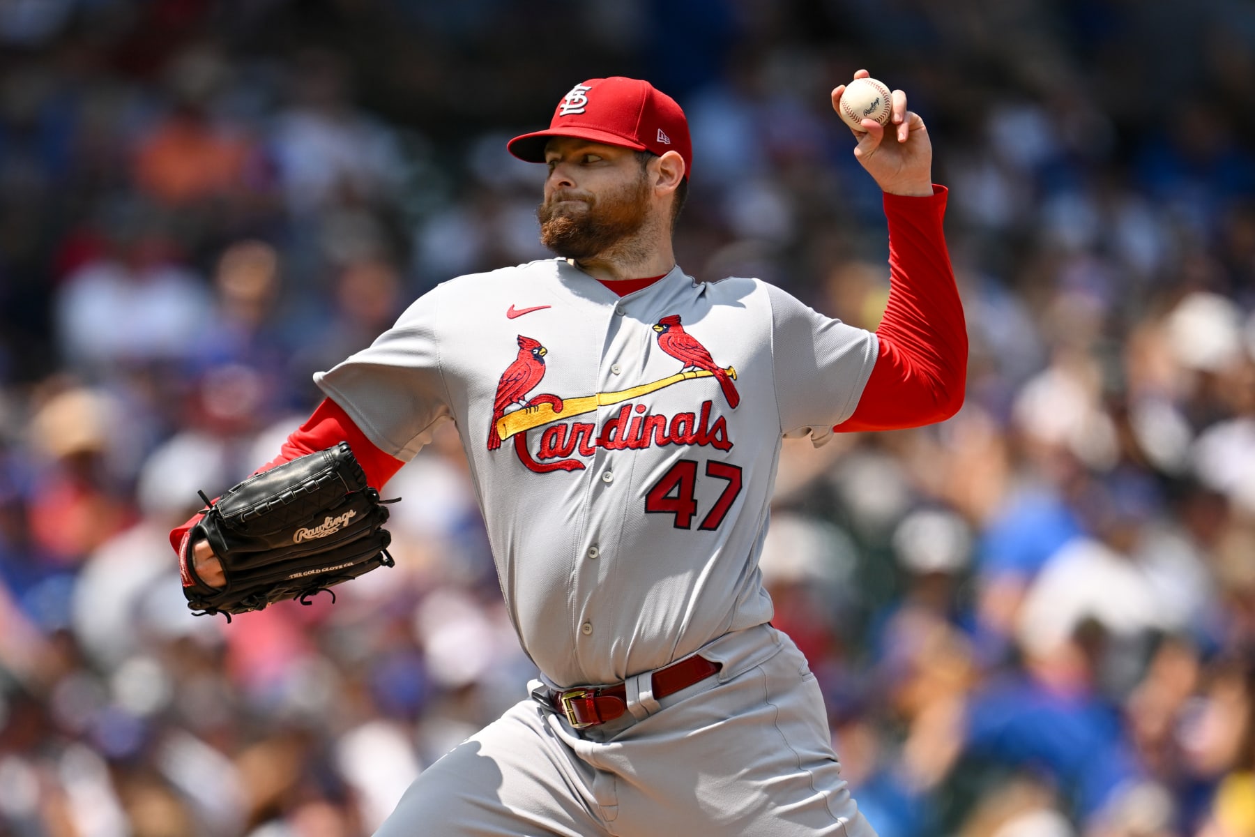 CHICAGO, ILLINOIS - JULY 23: Starting pitcher Jordan Montgomery #47 of the St. Louis Cardinals pitches in the first inning of the game against the Chicago Cubs at Wrigley Field on July 23, 2023 in Chicago, Illinois. (Photo by Quinn Harris/Getty Images)