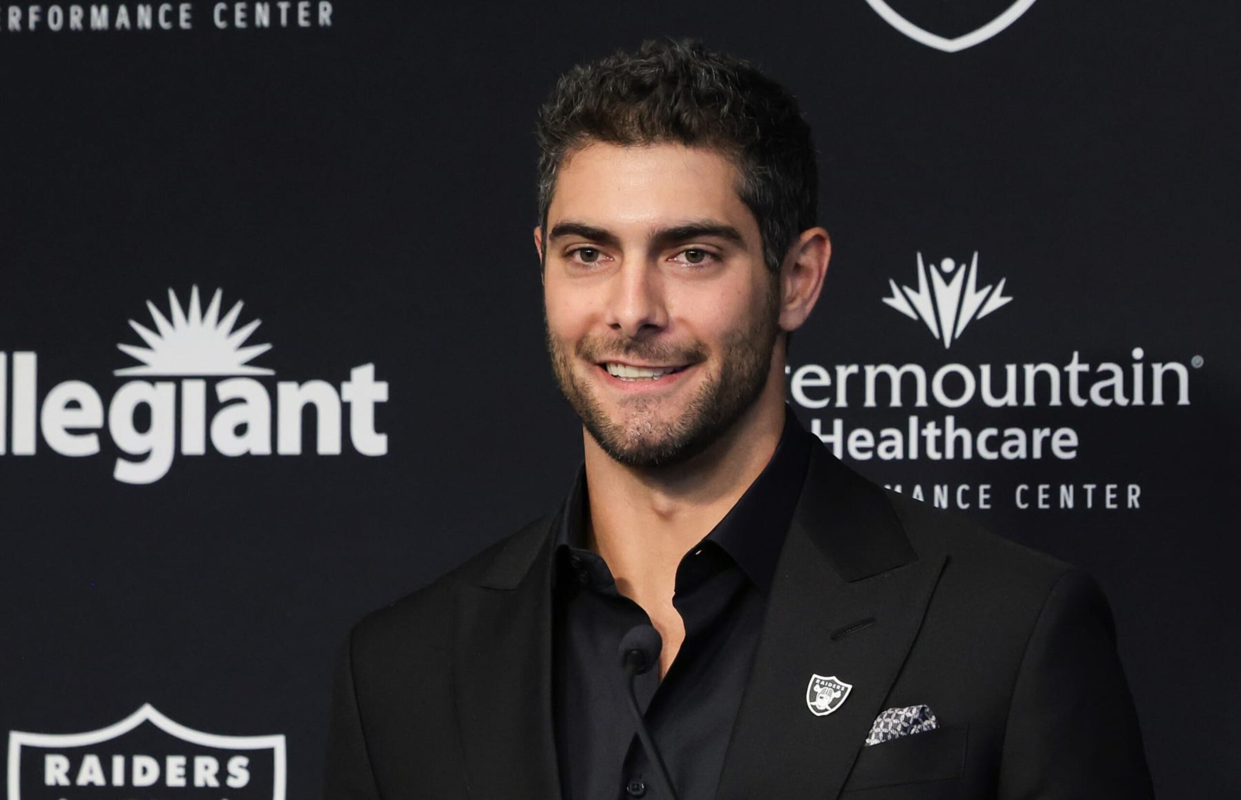HENDERSON, NEVADA - MARCH 17: Quarterback Jimmy Garoppolo is introduced at the Las Vegas Raiders Headquarters/Intermountain Healthcare Performance Center on March 17, 2023 in Henderson, Nevada. (Photo by Ethan Miller/Getty Images)