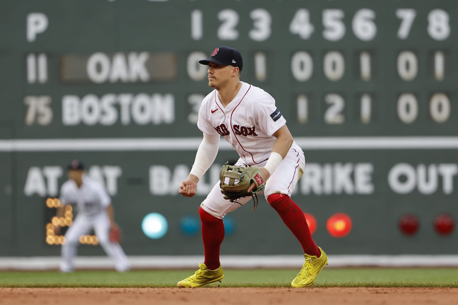 BOSTON, MA - JULY 8: Enrique Hernandez #5 of the Boston Red Sox gets set in the field against the Oakland Athletics during the eighth inning at Fenway Park on July 8, 2023 in Boston, Massachusetts. (Photo By Winslow Townson/Getty Images)