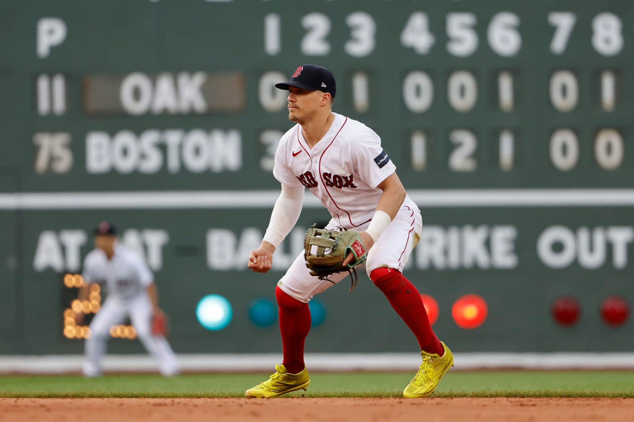 BOSTON, MA - JULY 8: Enrique Hernandez #5 of the Boston Red Sox gets set in the field against the Oakland Athletics during the eighth inning at Fenway Park on July 8, 2023 in Boston, Massachusetts. (Photo By Winslow Townson/Getty Images)