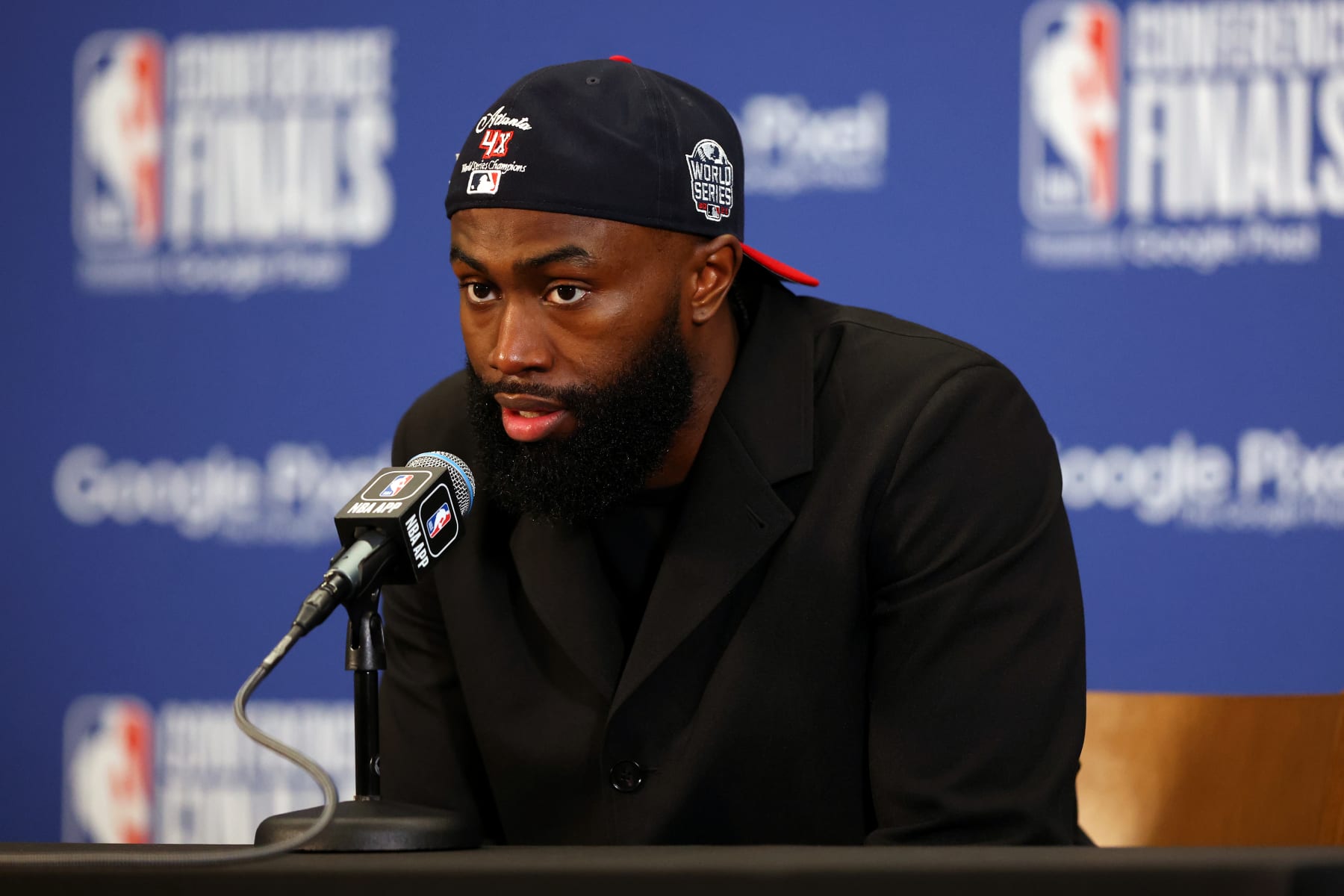 BOSTON, MASSACHUSETTS - MAY 29: Jaylen Brown #7 of the Boston Celtics speaks during a press conference after the Miami Heat defeated the Boston Celtics 103-84 in game seven of the Eastern Conference Finals at TD Garden on May 29, 2023 in Boston, Massachusetts. NOTE TO USER: User expressly acknowledges and agrees that, by downloading and or using this photograph, User is consenting to the terms and conditions of the Getty Images License Agreement. (Photo by Maddie Meyer/Getty Images)