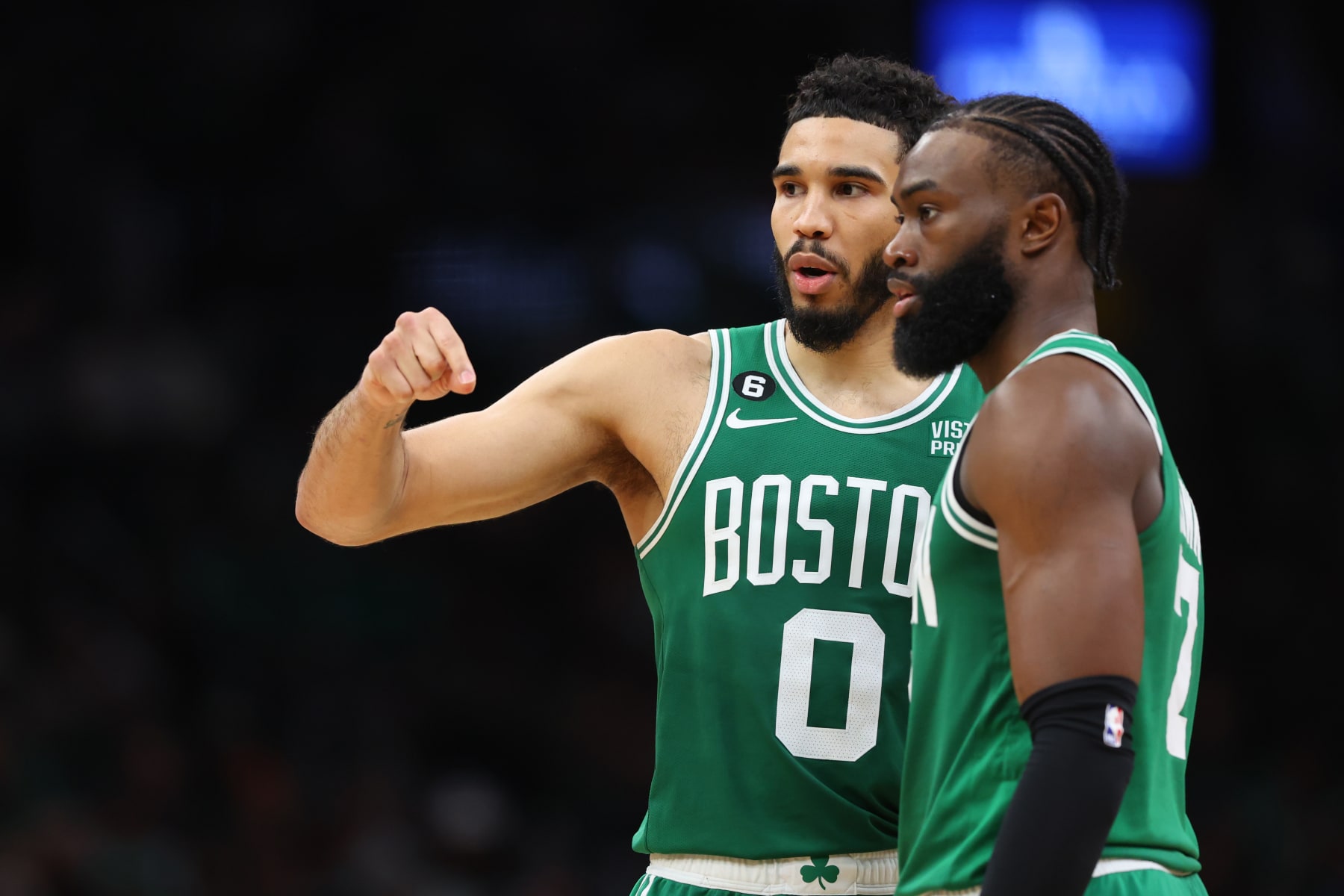 BOSTON, MASSACHUSETTS - MAY 25: Jayson Tatum #0 talks with Jaylen Brown #7 of the Boston Celtics against the Miami Heat during the fourth quarter in game five of the Eastern Conference Finals at TD Garden on May 25, 2023 in Boston, Massachusetts. NOTE TO USER: User expressly acknowledges and agrees that, by downloading and or using this photograph, User is consenting to the terms and conditions of the Getty Images License Agreement. (Photo by Maddie Meyer/Getty Images)