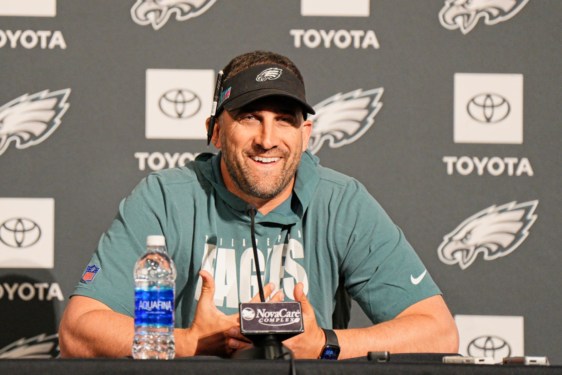 PHILADELPHIA, PA - JUNE 08: Philadelphia Eagles head coach Nick Sirianni is interviewed during the Philadelphia Eagles OTA on June 8, 2023 at the NovaCare Complex in Philadelphia, PA. (Photo by Andy Lewis/Icon Sportswire via Getty Images)