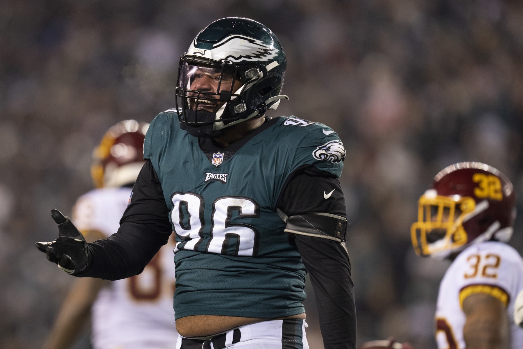 PHILADELPHIA, PA - DECEMBER 21: Derek Barnett #96 of the Philadelphia Eagles reacts against the Washington Football Team at Lincoln Financial Field on December 21, 2021 in Philadelphia, Pennsylvania. (Photo by Mitchell Leff/Getty Images)