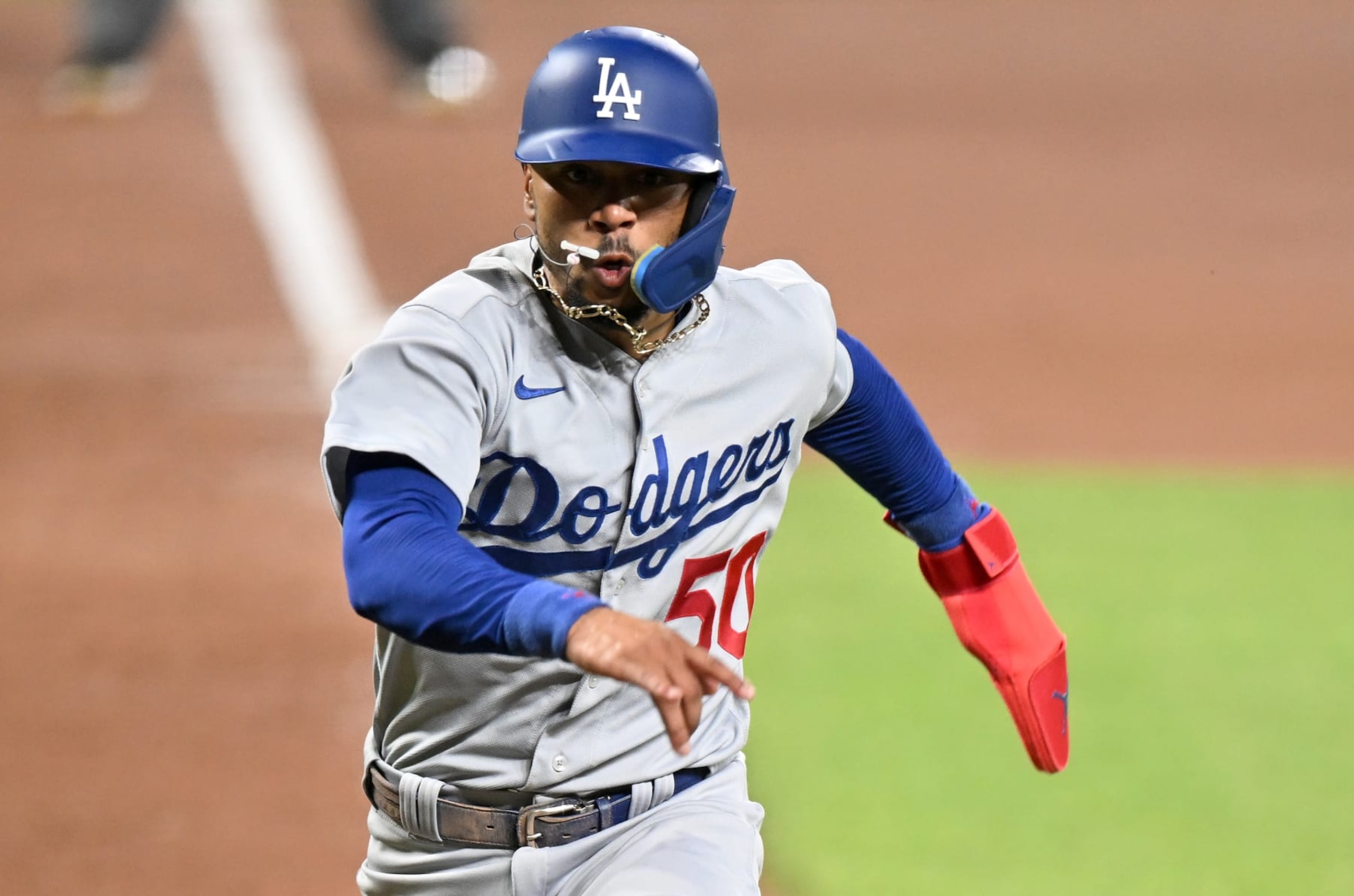 BALTIMORE, MARYLAND - JULY 18: Mookie Betts #50 of the Los Angeles Dodgers runs down the third base line during the game against the Baltimore Orioles at Oriole Park at Camden Yards on July 18, 2023 in Baltimore, Maryland. (Photo by G Fiume/Getty Images) BALTIMORE, MARYLAND - JULY 18: Mookie Betts #50 of the Los Angeles Dodgers runs down the third base line during the game against the Baltimore Orioles at Oriole Park at Camden Yards on July 18, 2023 in Baltimore, Maryland. (Photo by G Fiume/Getty Images)