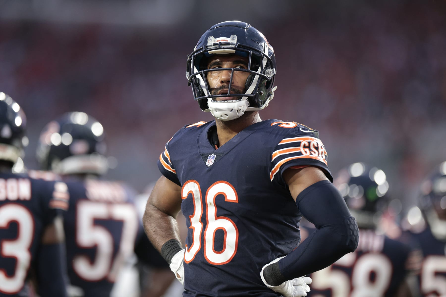 TAMPA, FLORIDA - OCTOBER 24: DeAndre Houston-Carson #36 of the Chicago Bears looks on during the third quarter against the Tampa Bay Buccaneers at Raymond James Stadium on October 24, 2021 in Tampa, Florida. (Photo by Douglas P. DeFelice/Getty Images)