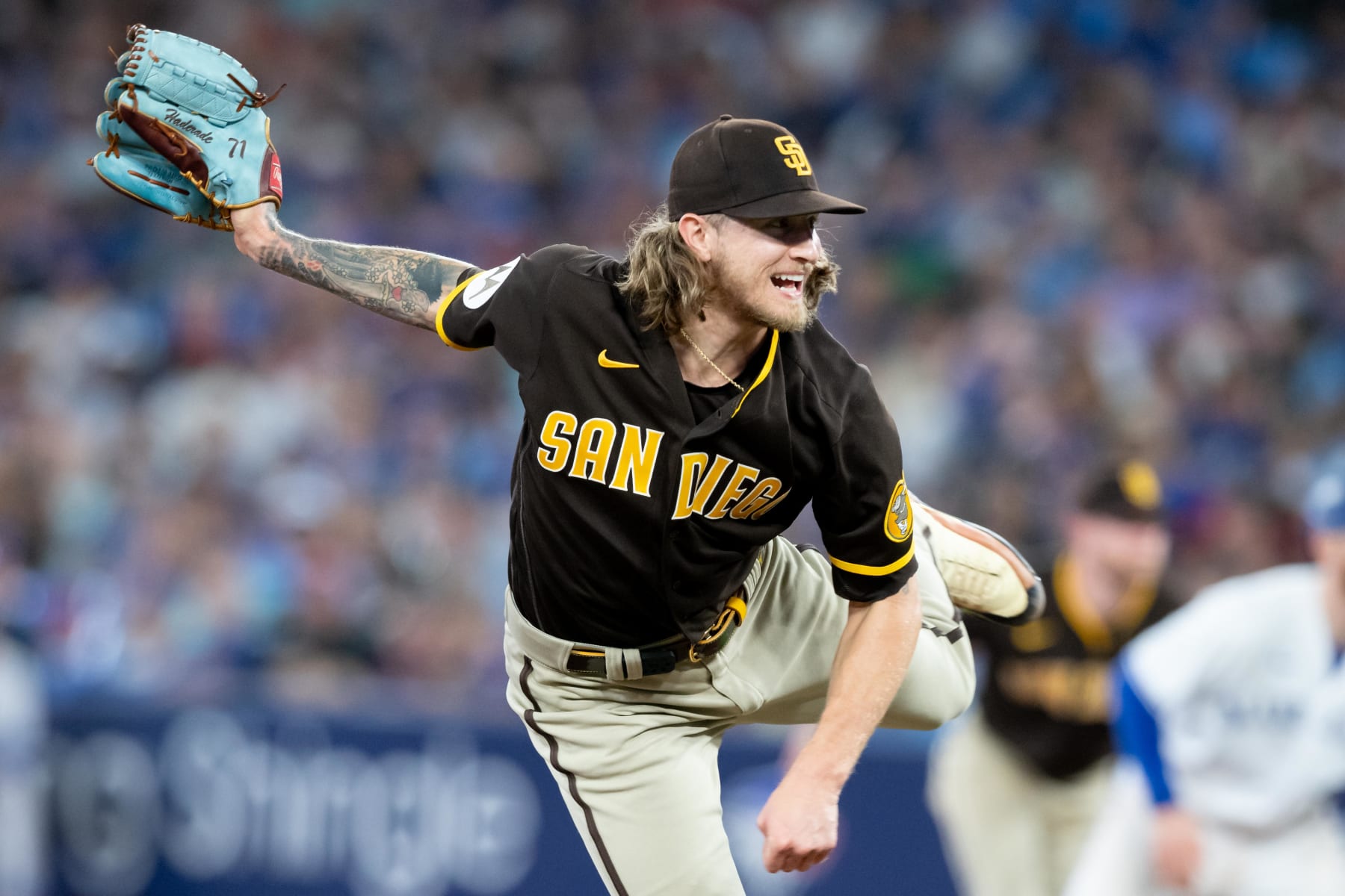 TORONTO, ON - JULY 19: San Diego Padres Pitcher Josh Hader (71) reacts after getting the final out during the MLB baseball regular season game between the San Diego Padres  and the Toronto Blue Jays on July 19, 2023, at Rogers Centre in Toronto, ON, Canada. (Photo by Julian Avram/Icon Sportswire via Getty Images)