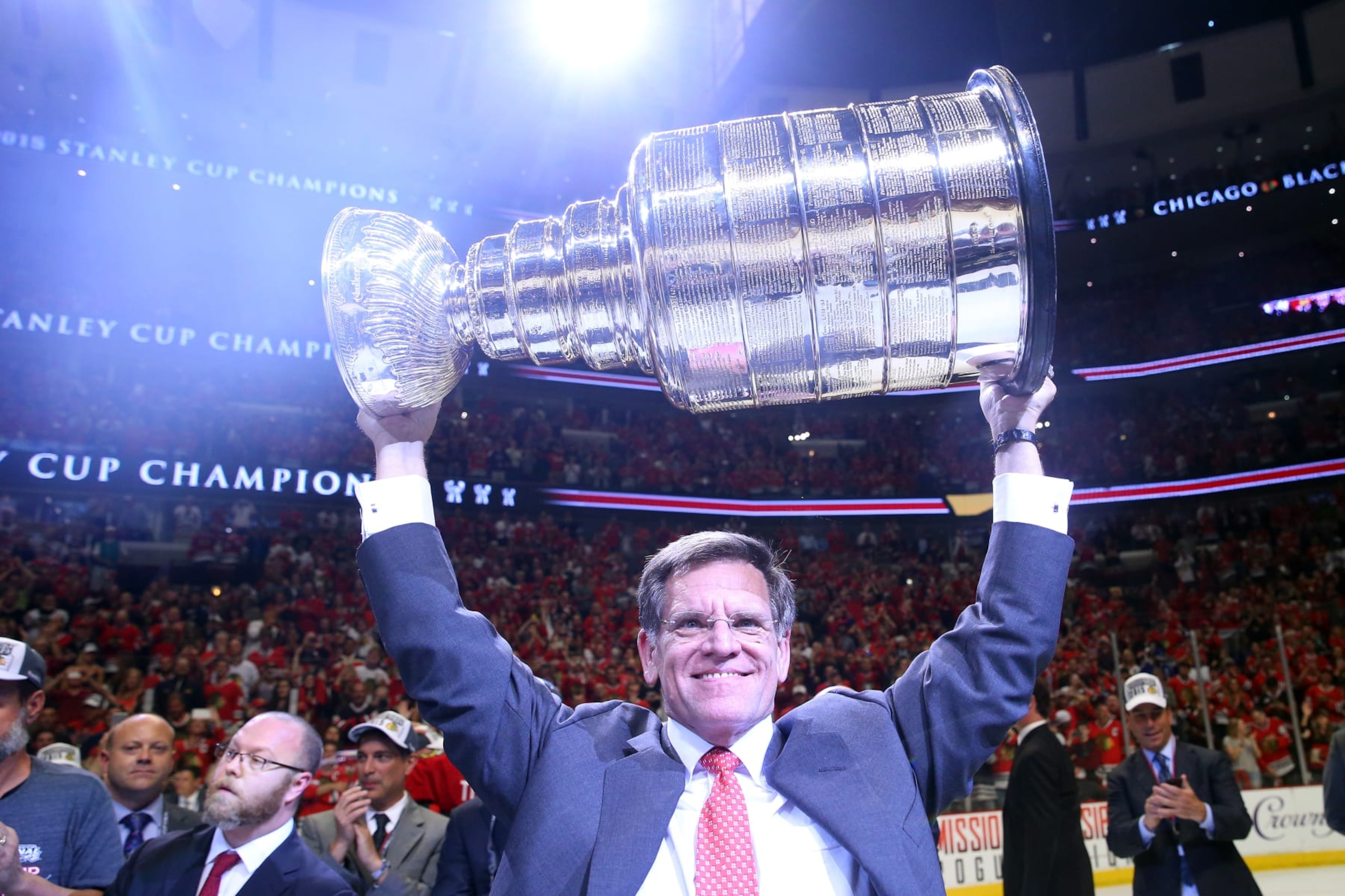 CHICAGO, IL - JUNE 15: Owner and Chairman Rocky Wirtz of the Chicago Blackhawks celebrates by hoisting the Stanley Cup after defeating the Tampa Bay Lightning by a score of 2-0 in Game Six to win the 2015 NHL Stanley Cup Final at the United Center on June 15, 2015 in Chicago, Illinois. (Photo by Bruce Bennett/Getty Images) CHICAGO, IL - JUNE 15: Owner and Chairman Rocky Wirtz of the Chicago Blackhawks celebrates by hoisting the Stanley Cup after defeating the Tampa Bay Lightning by a score of 2-0 in Game Six to win the 2015 NHL Stanley Cup Final at the United Center on June 15, 2015 in Chicago, Illinois. (Photo by Bruce Bennett/Getty Images)