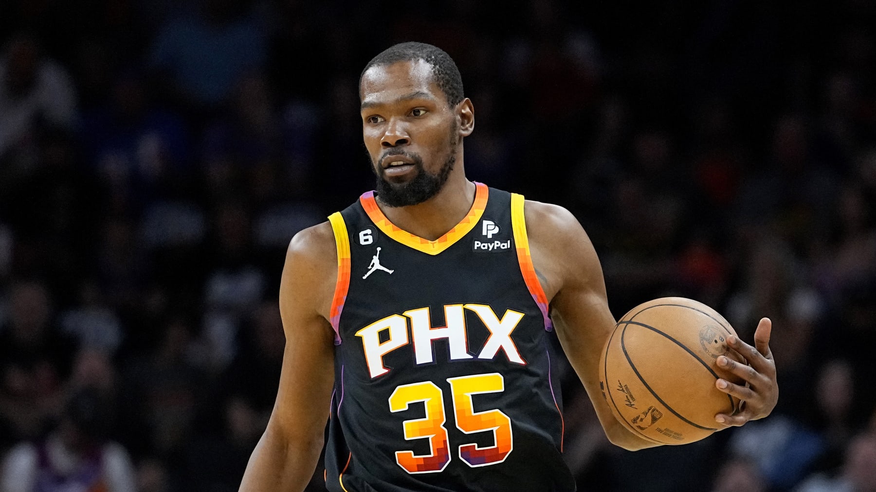 Phoenix Suns forward Kevin Durant (35) against the Denver Nuggets during the second half of Game 4 of an NBA basketball Western Conference semifinal game, Sunday, May 7, 2023, in Phoenix. The Suns defeated the Nuggets 129-124. (AP Photo/Matt York)