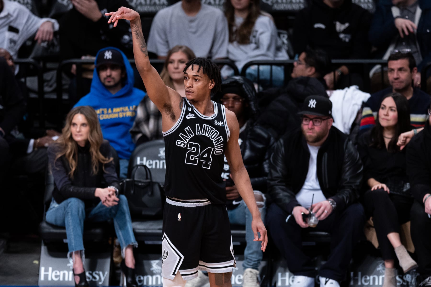 NEW YORK, NEW YORK - JANUARY 02: Devin Vassell #24 of the San Antonio Spurs watches after attempting a shot during the third quarter of the game against the Brooklyn Nets at Barclays Center on January 02, 2023 in New York City. NOTE TO USER: User expressly acknowledges and agrees that, by downloading and or using this photograph, User is consenting to the terms and conditions of the Getty Images License Agreement. (Photo by Dustin Satloff/Getty Images)