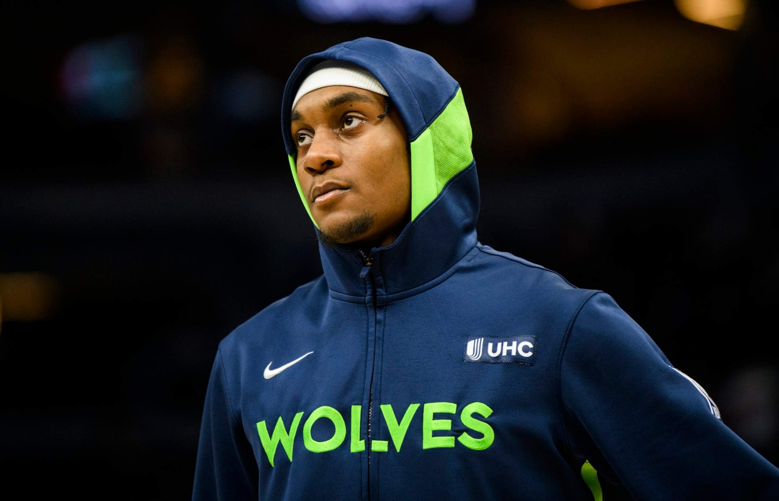 MINNEAPOLIS, MN - APRIL 09: Jaden McDaniels #3 of the Minnesota Timberwolves warms up before the game against the New Orleans Pelicans at Target Center on April 9, 2023 in Minneapolis, Minnesota. (Photo by Stephen Maturen/Getty Images) NOTE TO USER: User expressly acknowledges and agrees that, by downloading and or using this photograph, User is consenting to the terms and conditions of the Getty Images License Agreement.