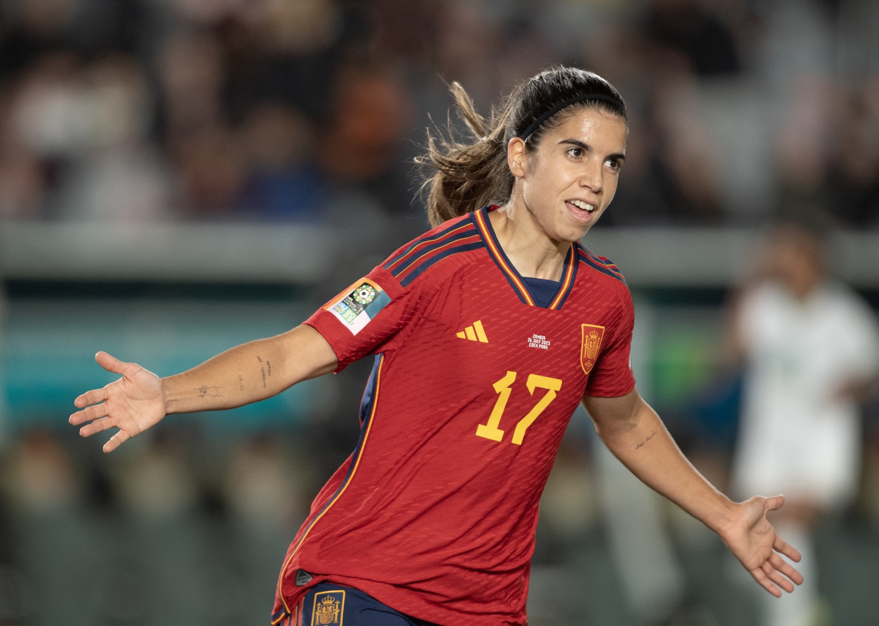 AUCKLAND, NEW ZEALAND - JULY 26: Alba Redondo of Spain celebrates scoring during the FIFA Women's World Cup Australia & New Zealand 2023 Group C match between Spain and Zambia at Eden Park on July 26, 2023 in Auckland, New Zealand. (Photo by Joe Prior/Visionhaus via Getty Images)