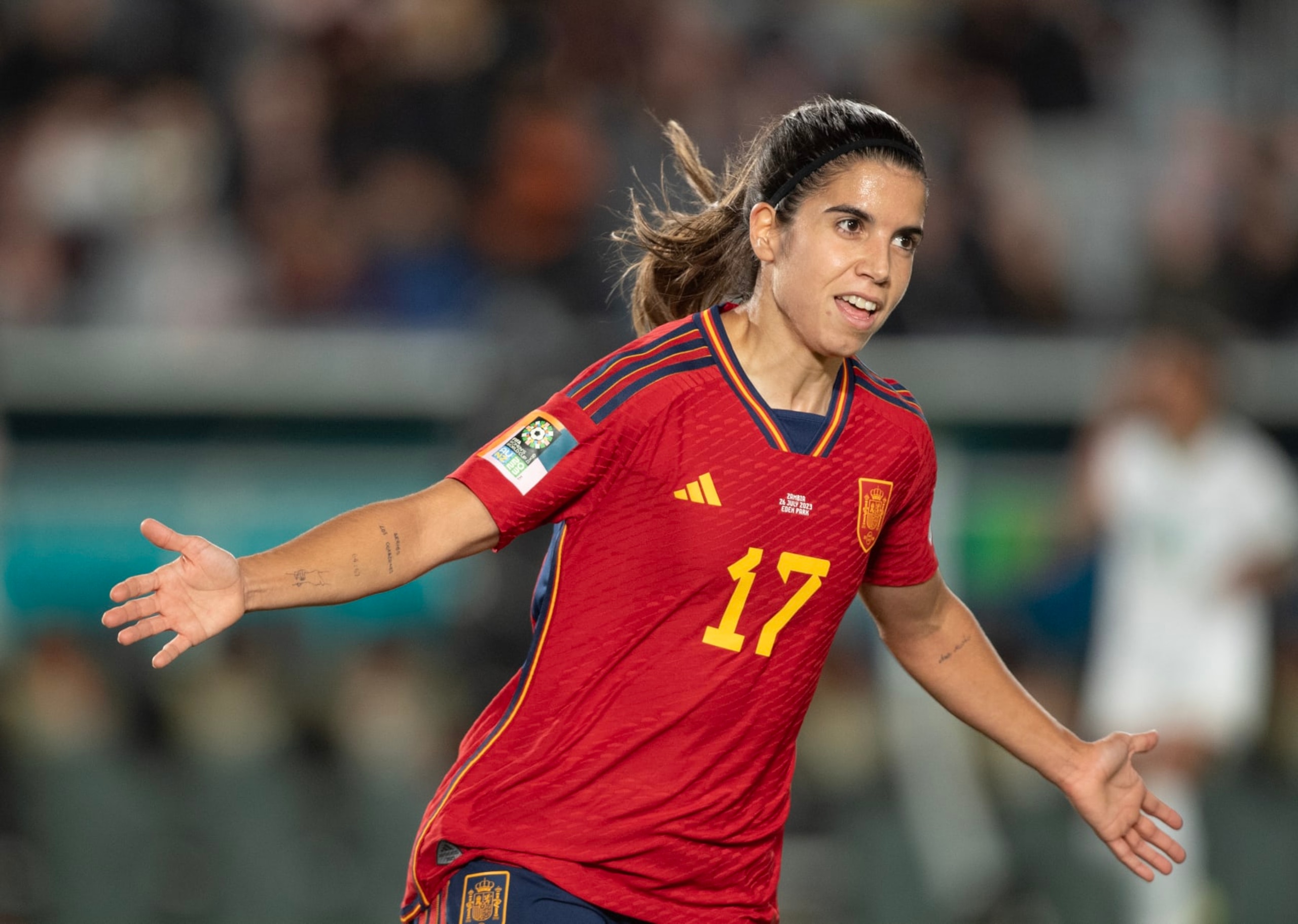 AUCKLAND, NEW ZEALAND - JULY 26: Alba Redondo of Spain celebrates scoring during the FIFA Women's World Cup Australia & New Zealand 2023 Group C match between Spain and Zambia at Eden Park on July 26, 2023 in Auckland, New Zealand. (Photo by Joe Prior/Visionhaus via Getty Images)
