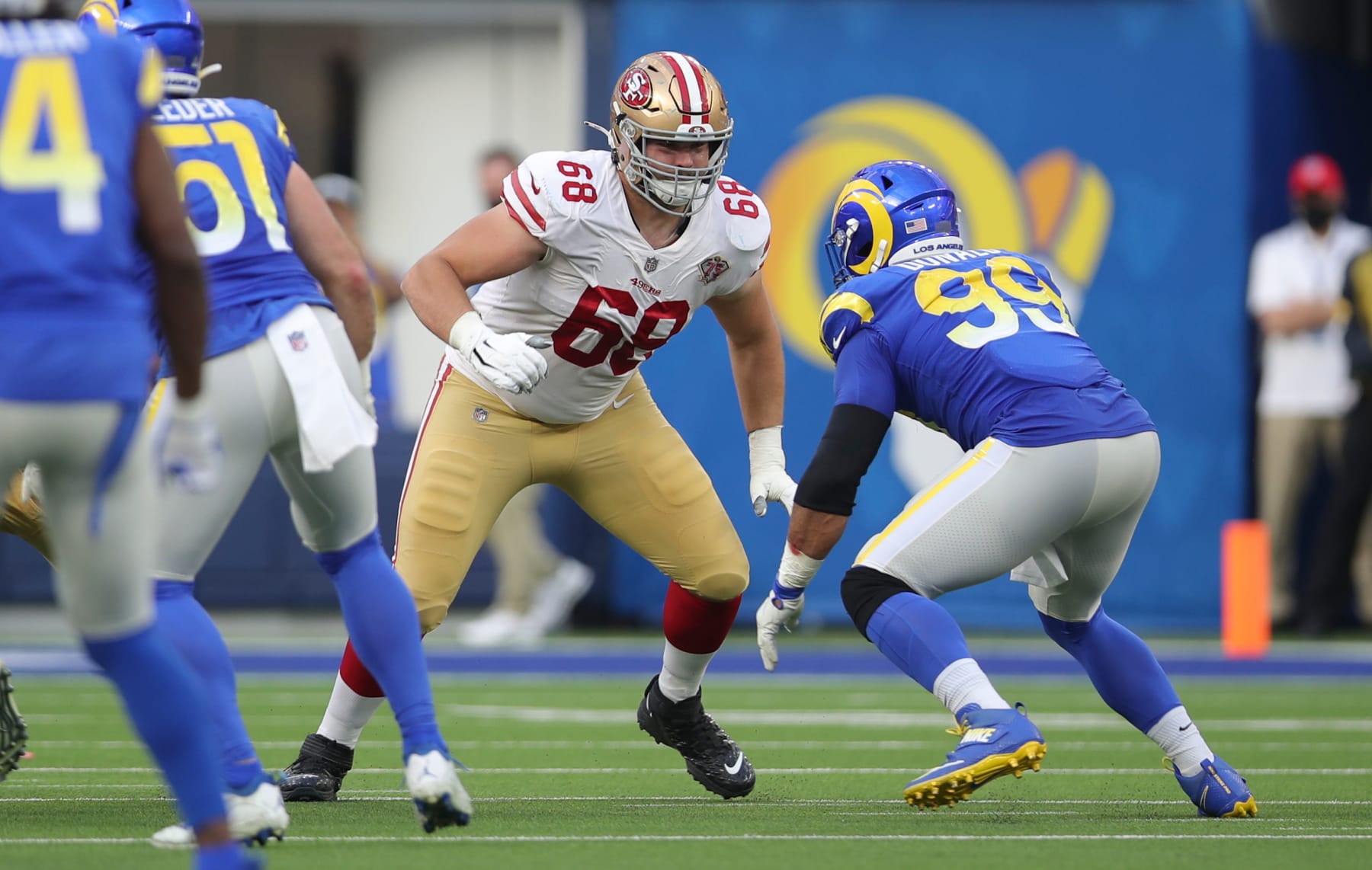 INGLEWOOD, CA - JANUARY 9: Colton McKivitz #68 of the San Francisco 49ers blocks during the game against the Los Angeles Rams at SoFi Stadium on January 9, 2022 in Inglewood, California. The 49ers defeated the Rams 27-24. (Photo by Michael Zagaris/San Francisco 49ers/Getty Images)