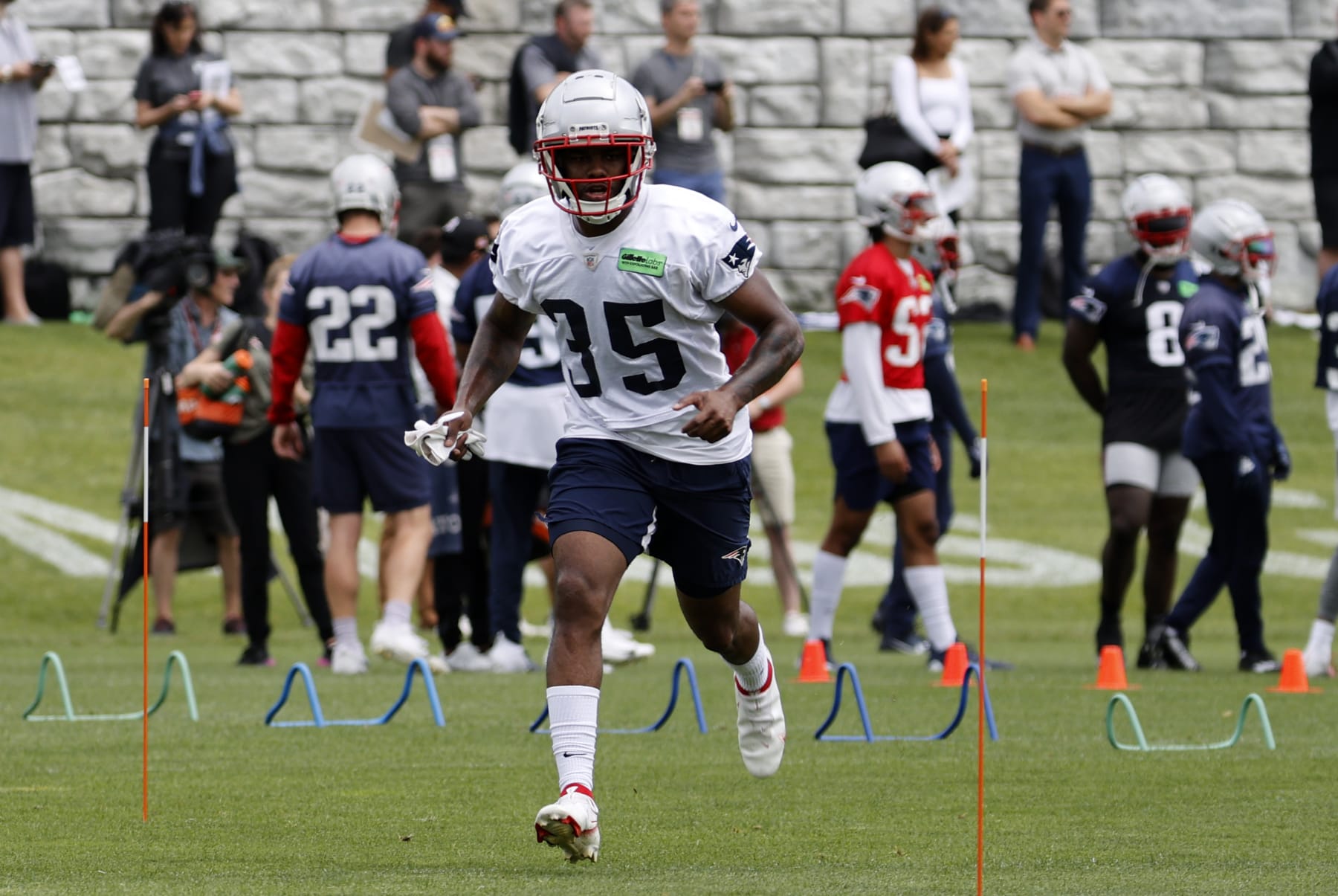 FOXBOROUGH, MA - JUNE 13: New England Patriots running back Pierre Strong Jr. (35) eyes the next slalom gate during New England Patriots Minicamp on June 13, 2023, at the Patriots Practice Facility at Gillette Stadium in Foxborough, Massachusetts. (Photo by Fred Kfoury III/Icon Sportswire via Getty Images)
