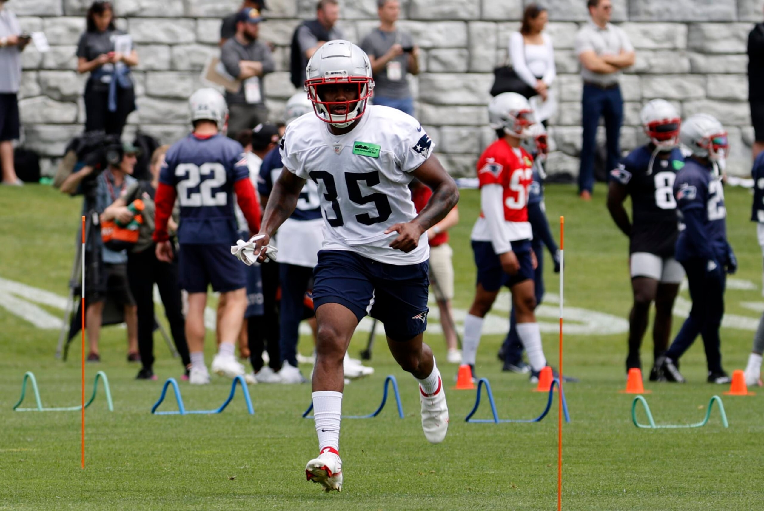FOXBOROUGH, MA - JUNE 13: New England Patriots running back Pierre Strong Jr. (35) eyes the next slalom gate during New England Patriots Minicamp on June 13, 2023, at the Patriots Practice Facility at Gillette Stadium in Foxborough, Massachusetts. (Photo by Fred Kfoury III/Icon Sportswire via Getty Images)