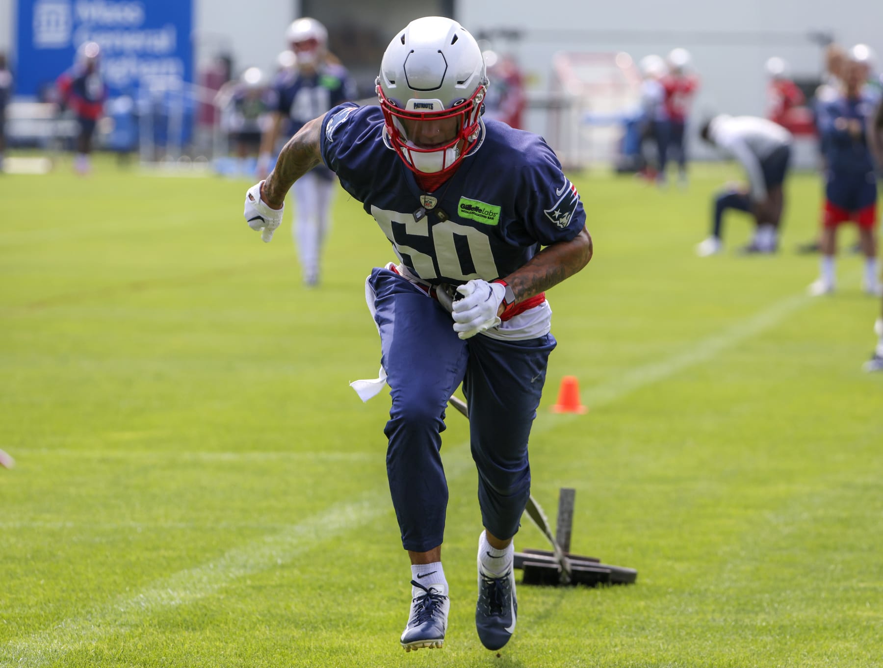 Foxborough, MA - June 12: New England Patriots CB Christian Gonzalez works out during minicamp. (Photo by Matthew J. Lee/The Boston Globe via Getty Images)