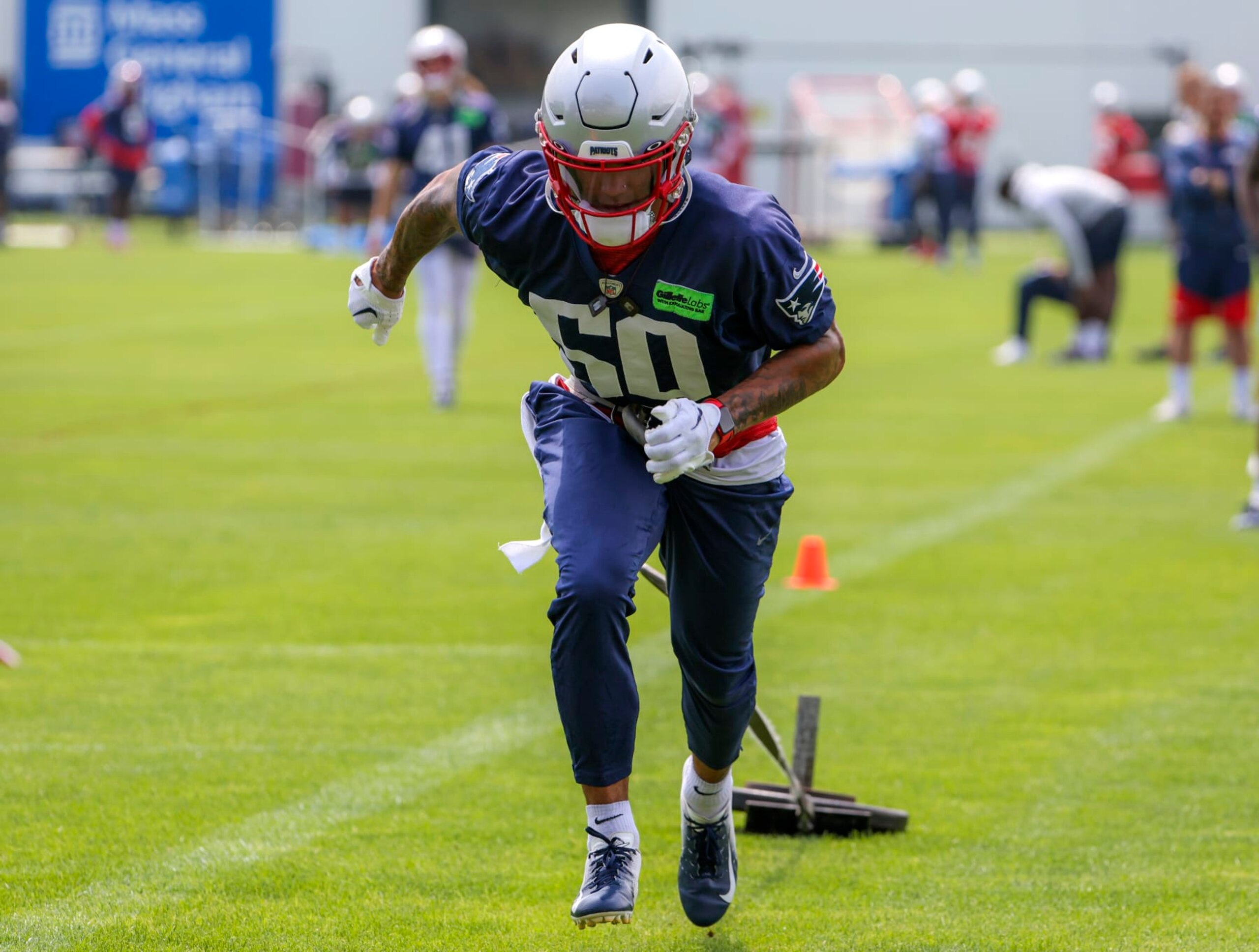 Foxborough, MA - June 12: New England Patriots CB Christian Gonzalez works out during minicamp. (Photo by Matthew J. Lee/The Boston Globe via Getty Images)