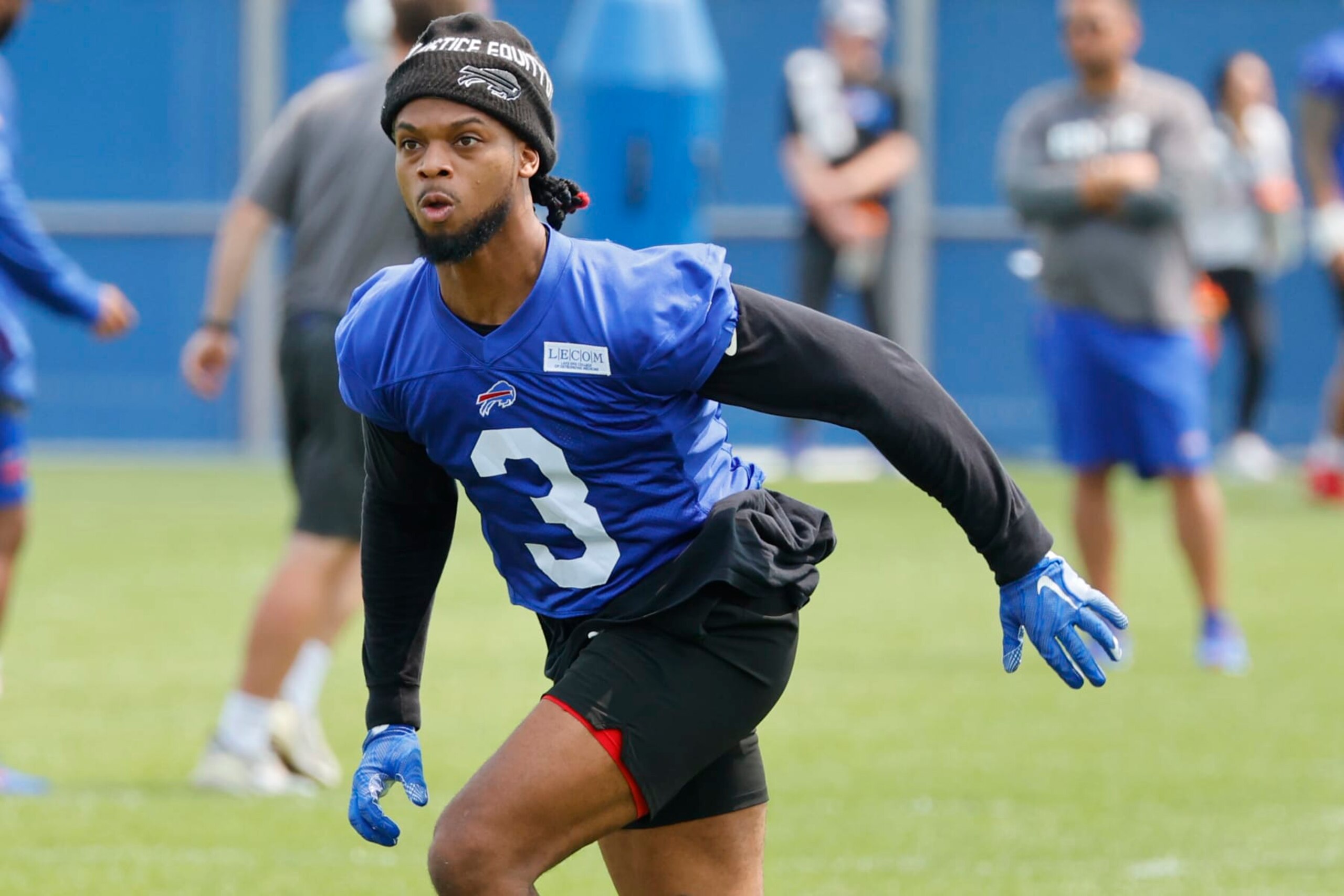 Buffalo Bills defensive back Damar Hamlin (3) works out during NFL football practice in Orchard Park, N.Y., Tuesday May 23, 2023. (AP Photo/Jeffrey T. Barnes)