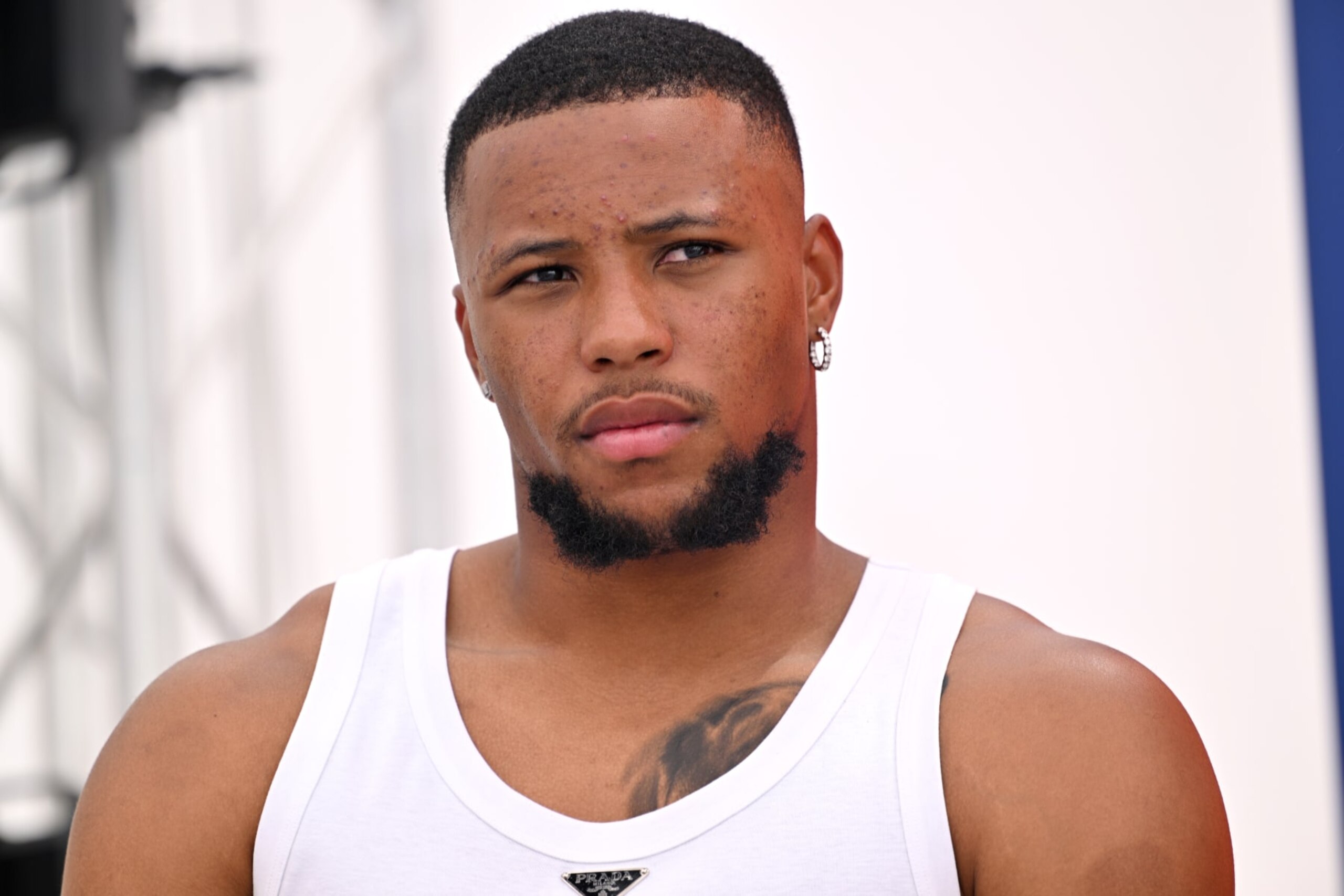 CANNES, FRANCE - JUNE 20: Saquon Barkley speaks on stage during Stagwell Panels at Cannes Lions on June 20, 2023 in Cannes, France. (Photo by Lionel Hahn/Getty Images for Stagwell)