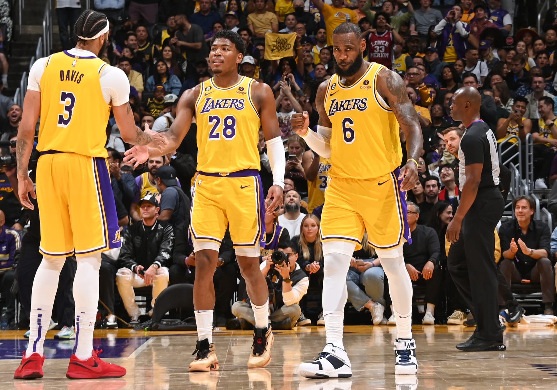 LOS ANGELES, CA - MAY 12: Anthony Davis #3, Rui Hachimura #28 and LeBron James #6 of the Los Angeles Lakers look on during Game 6 of the Western Conference Semi-Finals 2023 NBA Playoffs on May 12, 2023 at Crypto.Com Arena in Los Angeles, California. NOTE TO USER: User expressly acknowledges and agrees that, by downloading and/or using this Photograph, user is consenting to the terms and conditions of the Getty Images License Agreement. Mandatory Copyright Notice: Copyright 2023 NBAE (Photo by Andrew D. Bernstein/NBAE via Getty Images)