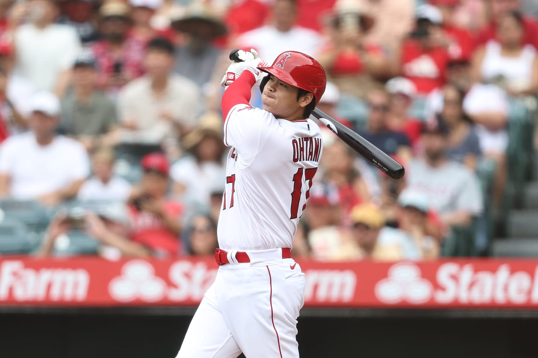 ANAHEIM, CALIFORNIA - JULY 23: Shohei Ohtani #17 of the Los Angeles Angels hits a solo home run against the Pittsburgh Pirates during the first inning at Angel Stadium of Anaheim on July 23, 2023 in Anaheim, California. (Photo by Michael Owens/Getty Images)