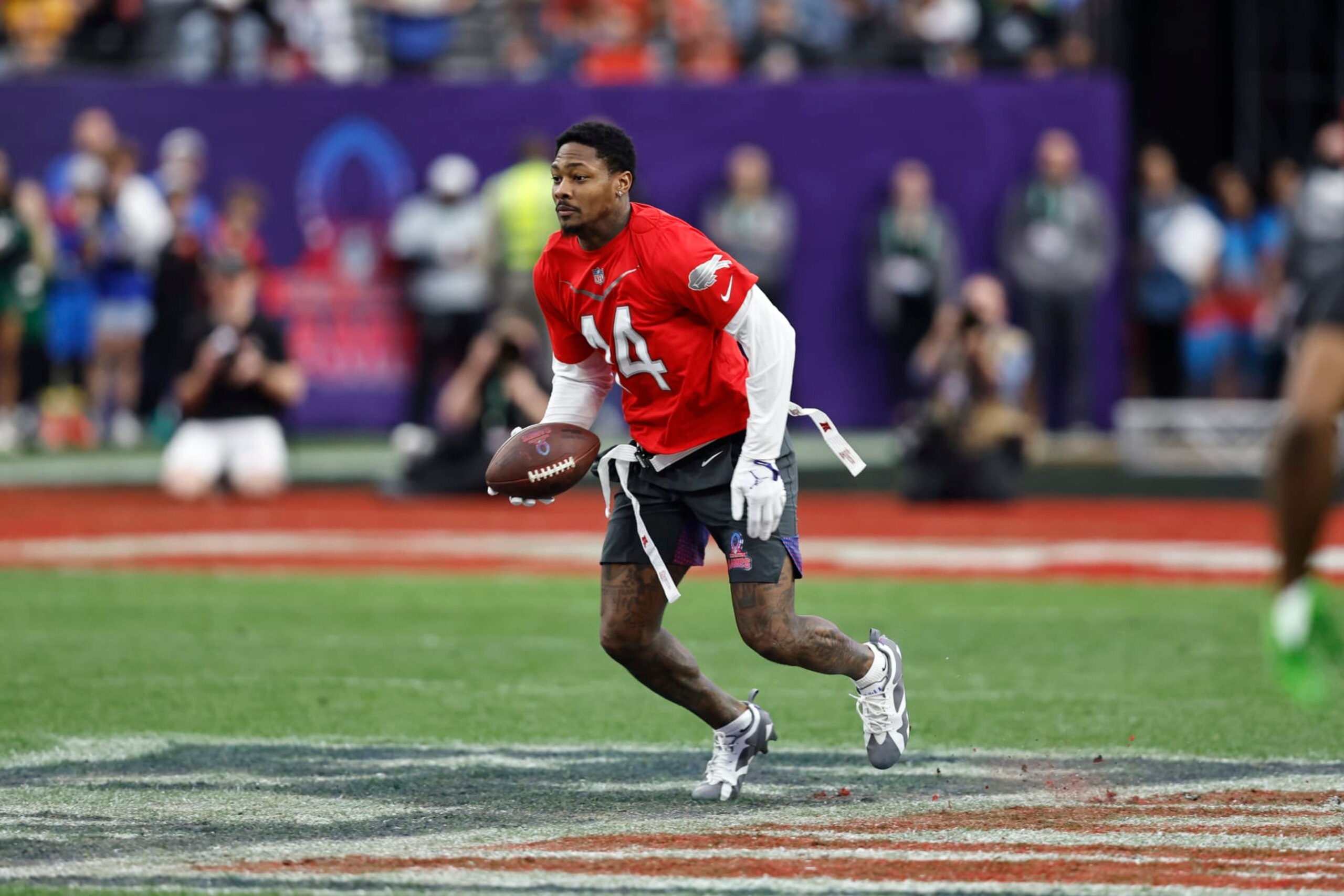 LAS VEGAS, NEVADA - FEBRUARY 05: LAS VEGAS, NEVADA - FEBRUARY 05: AFC wide receiver Stefon Diggs #14 of the Buffalo Bills runs with the ball during an NFL Pro Bowl football game at Allegiant Stadium on February 05, 2023 in Las Vegas, Nevada. (Photo by Michael Owens/Getty Images)