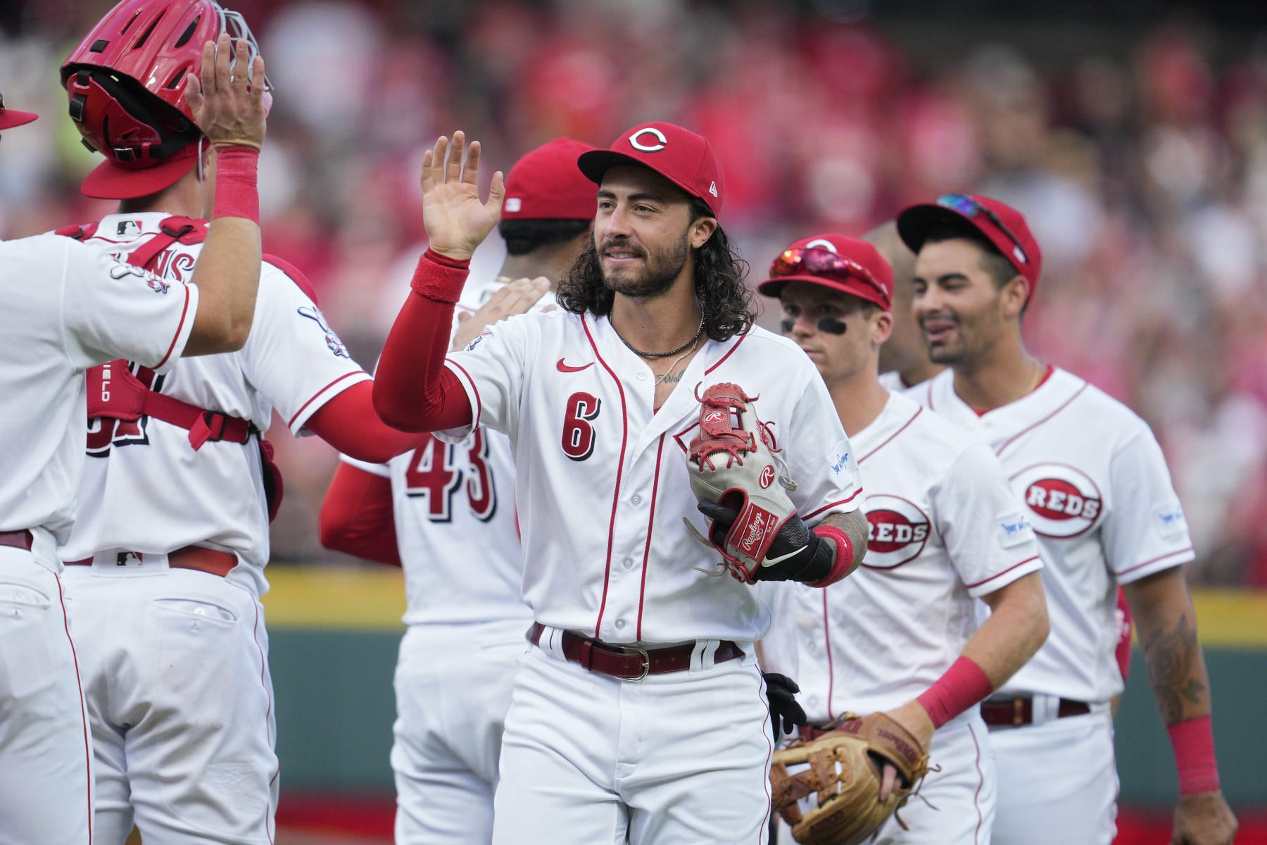 CINCINNATI, OHIO - JULY 22: Jonathan India #6 of the Cincinnati Reds celebrates with teammates after defeating the Arizona Diamondbacks in a baseball game at Great American Ball Park on July 22, 2023 in Cincinnati, Ohio. (Photo by Jeff Dean/Getty Images)