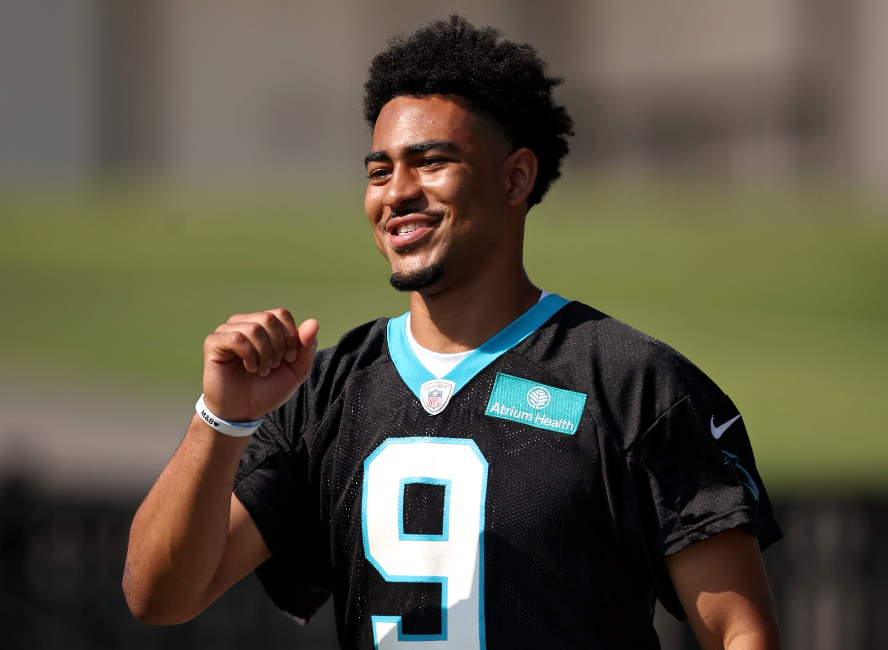 SPARTANBURG, SOUTH CAROLINA - JULY 26: Bryce Young #9 of the Carolina Panthers attends Carolina Panthers Training Camp at Wofford College on July 26, 2023 in Spartanburg, South Carolina. (Photo by Jared C. Tilton/Getty Images)
