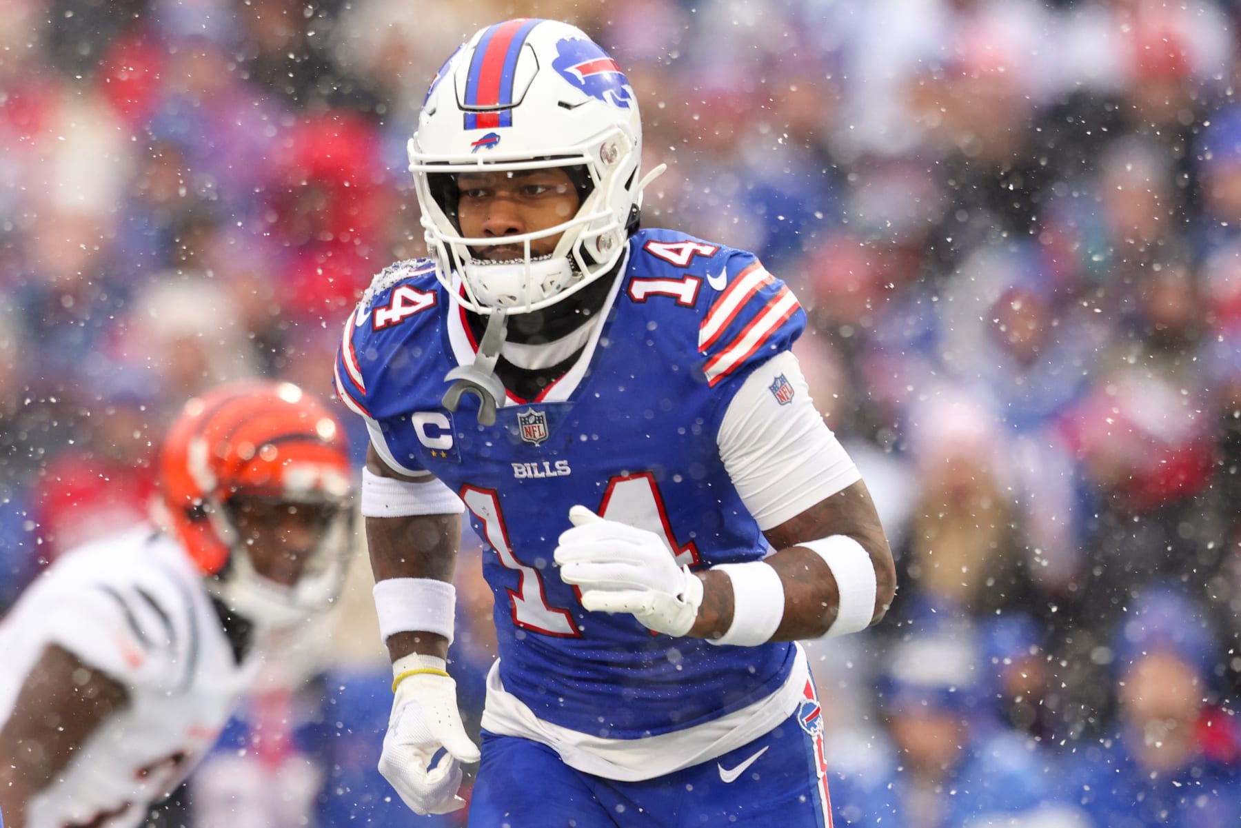 ORCHARD PARK, NEW YORK - JANUARY 22: Stefon Diggs #14 of the Buffalo Bills in action against the Cincinnati Bengals during the first half in the AFC Divisional Playoff game at Highmark Stadium on January 22, 2023 in Orchard Park, New York. (Photo by Bryan M. Bennett/Getty Images)