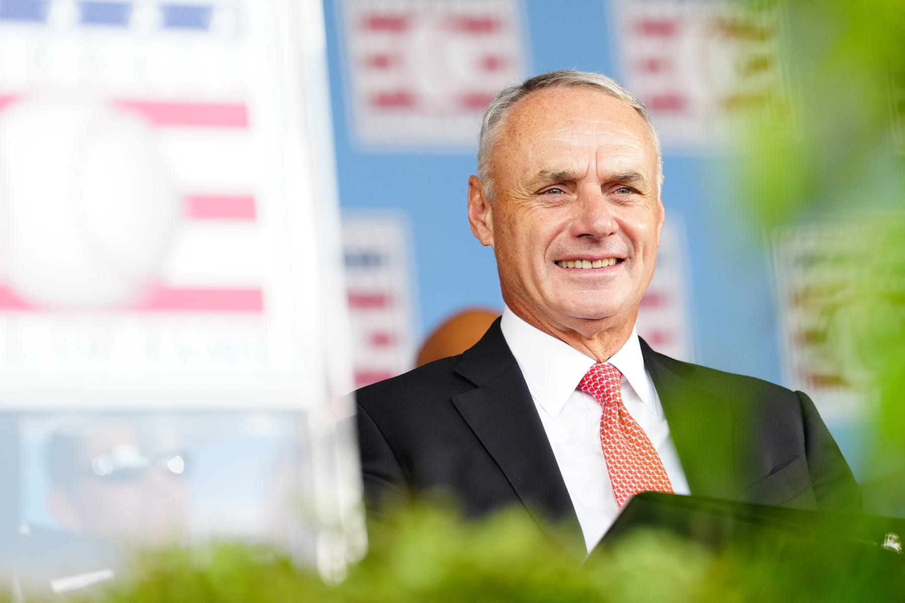 COOPERSTOWN, NY - JULY 23:  Commissioner of Major League Baseball Robert D. Manfred Jr. speaks during the 2023 Hall of Fame Induction Ceremony at Clark Sports Center on Sunday, July 23, 2023 in Cooperstown, New York. (Photo by Mary DeCicco/MLB Photos via Getty Images)