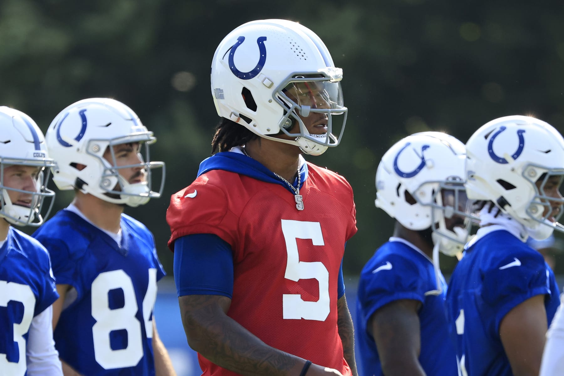 WESTFIELD, INDIANA - JULY 26: Anthony Richardson #5 of the Indianapolis Colts looks on during the first day of the Indianapolis Colts Training Camp at Grand Park Sports Campus on July 26, 2023 in Westfield, Indiana. (Photo by Justin Casterline/Getty Images)