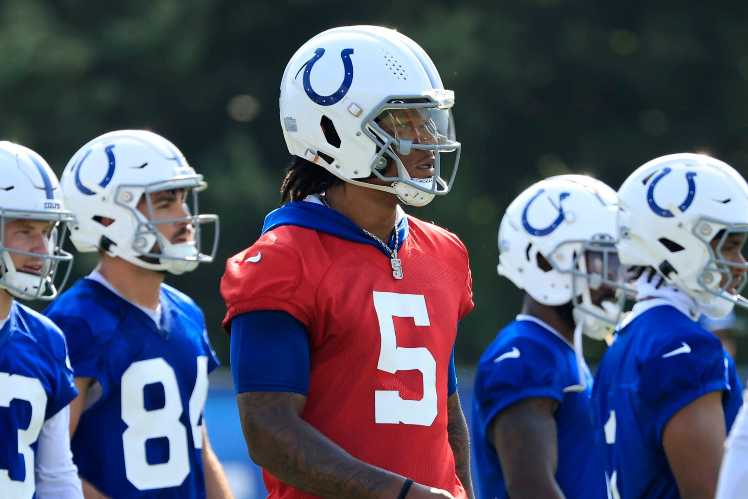WESTFIELD, INDIANA - JULY 26: Anthony Richardson #5 of the Indianapolis Colts looks on during the first day of the Indianapolis Colts Training Camp at Grand Park Sports Campus on July 26, 2023 in Westfield, Indiana. (Photo by Justin Casterline/Getty Images)