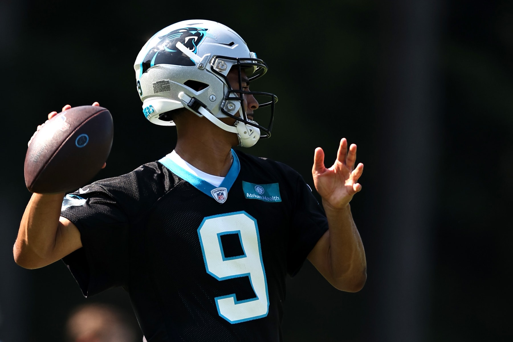SPARTANBURG, SOUTH CAROLINA - JULY 26: Bryce Young #9 of the Carolina Panthers attempts a pass during Carolina Panthers Training Camp at Wofford College on July 26, 2023 in Spartanburg, South Carolina. (Photo by Jared C. Tilton/Getty Images)