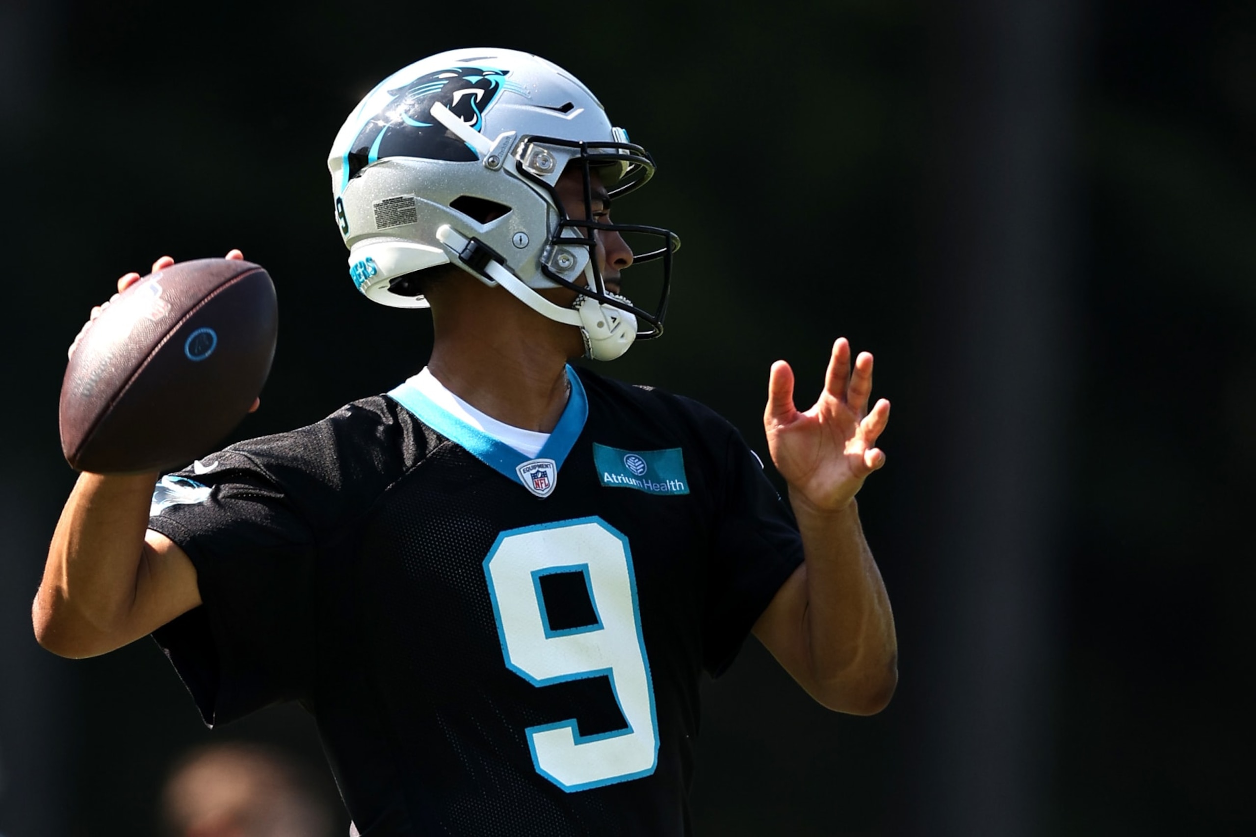 SPARTANBURG, SOUTH CAROLINA - JULY 26: Bryce Young #9 of the Carolina Panthers attempts a pass during Carolina Panthers Training Camp at Wofford College on July 26, 2023 in Spartanburg, South Carolina. (Photo by Jared C. Tilton/Getty Images)