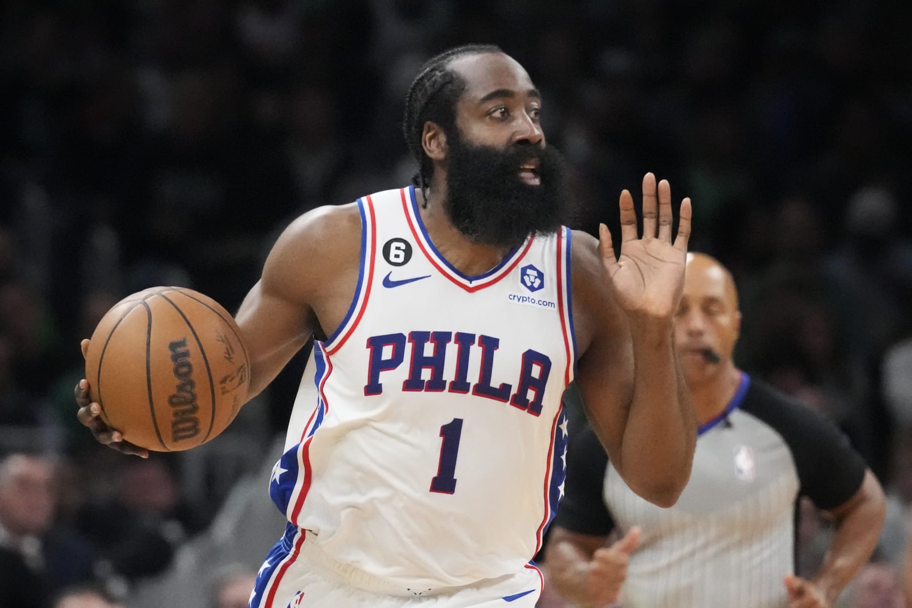 Philadelphia 76ers guard James Harden (1) calls to teammates during the first half of Game 5 against the Boston Celtics in the NBA basketball Eastern Conference semifinals playoff series, Tuesday, May 9, 2023, in Boston. (AP Photo/Charles Krupa)