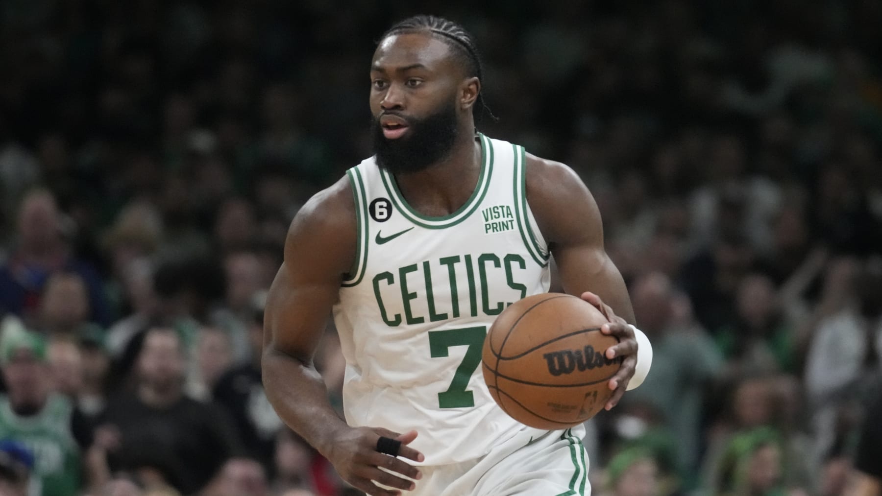 Boston Celtics guard Jaylen Brown (7) during Game 2 of the NBA basketball Eastern Conference Finals series, Friday, May 19, 2023, in Boston. (AP Photo/Charles Krupa)