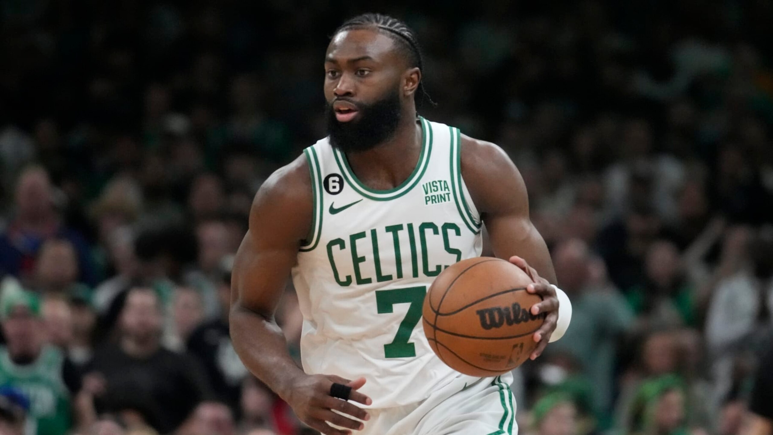 Boston Celtics guard Jaylen Brown (7) during Game 2 of the NBA basketball Eastern Conference Finals series, Friday, May 19, 2023, in Boston. (AP Photo/Charles Krupa)